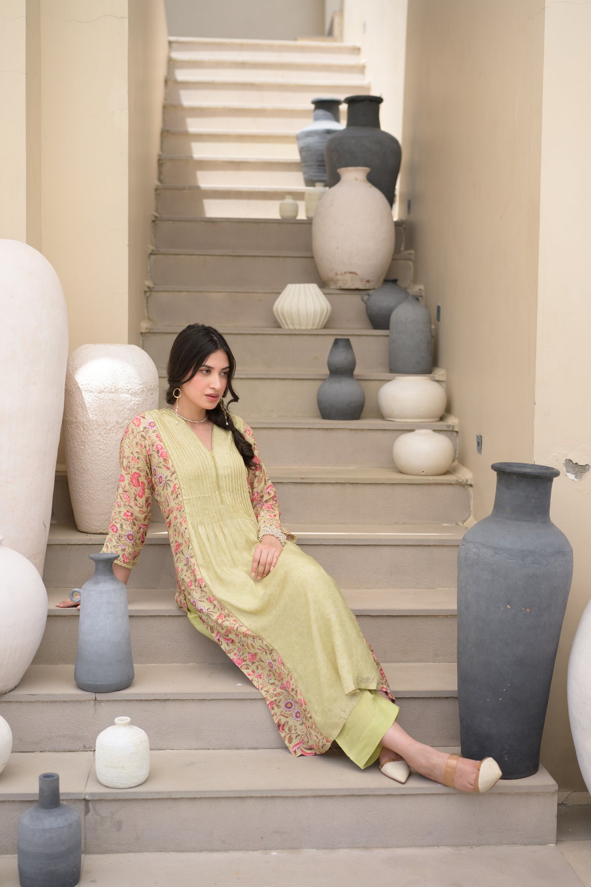 Pista Green Pintux Self Print with Floral Jaal Print Beads Work A line Muslin Kurta Set