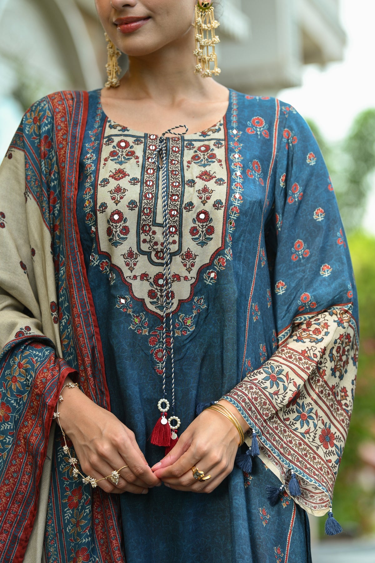 Blue and Red Small Buti Block Print Muslin Farshi Salwar Set