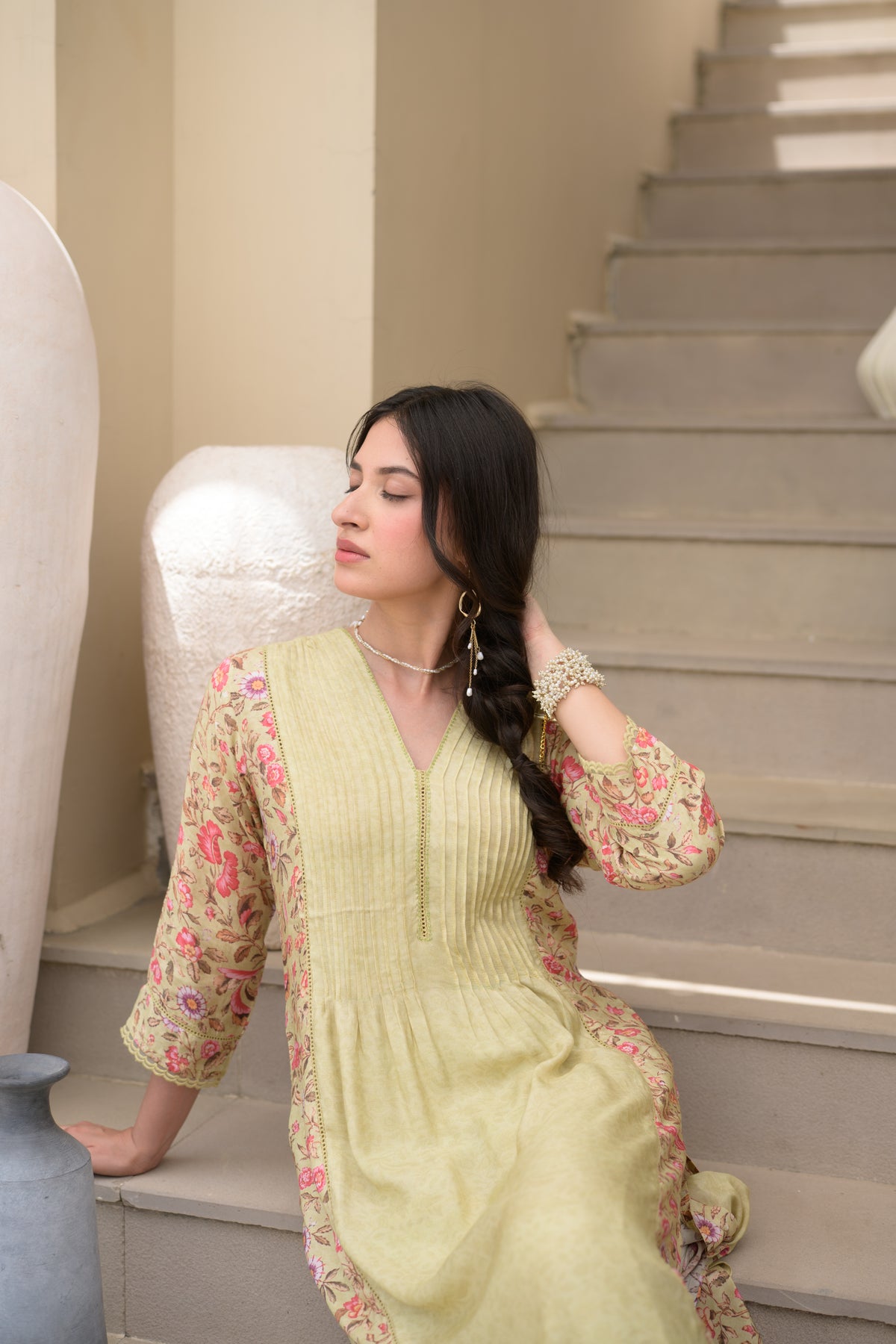 Pista Green Pintux Self Print with Floral Jaal Print Beads Work A line Muslin Kurta Set