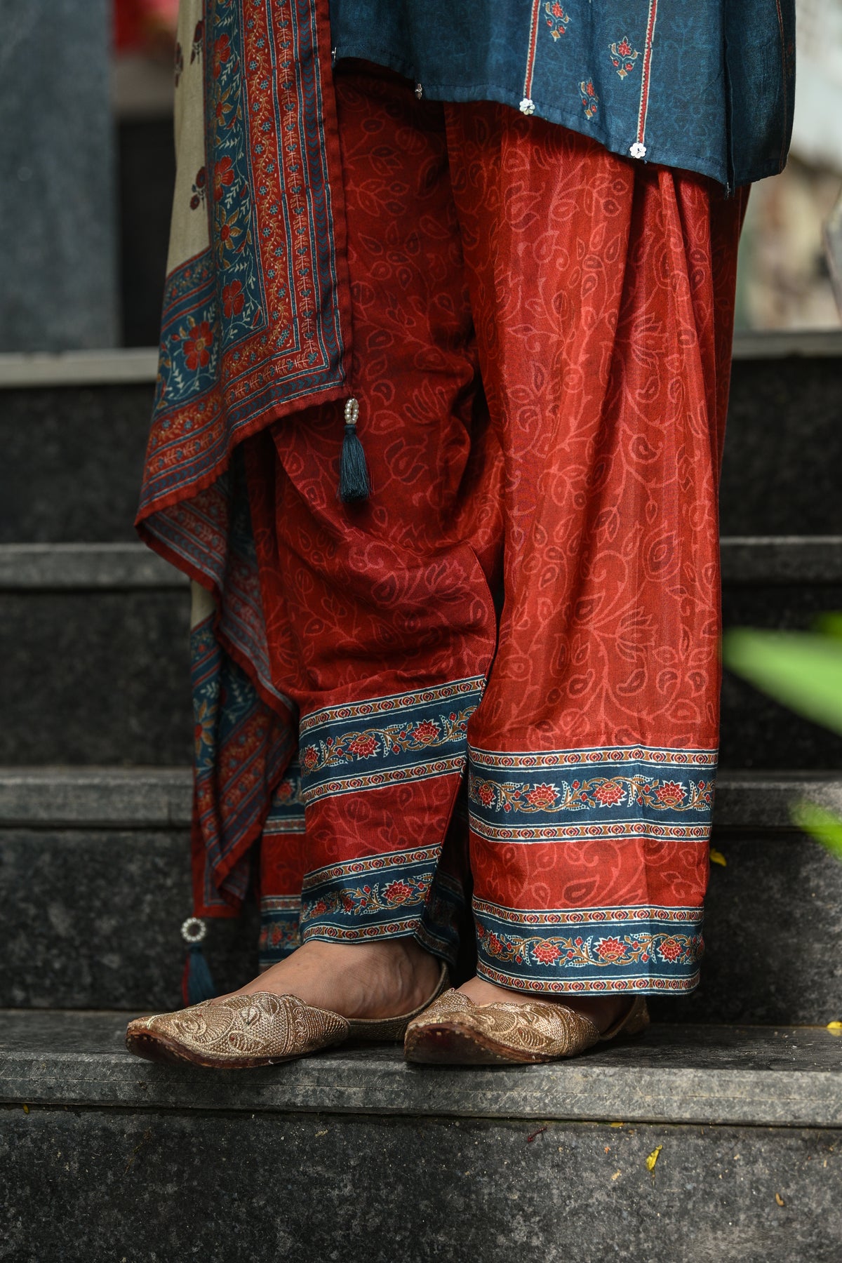 Blue and Red Small Buti Block Print Muslin Farshi Salwar Set