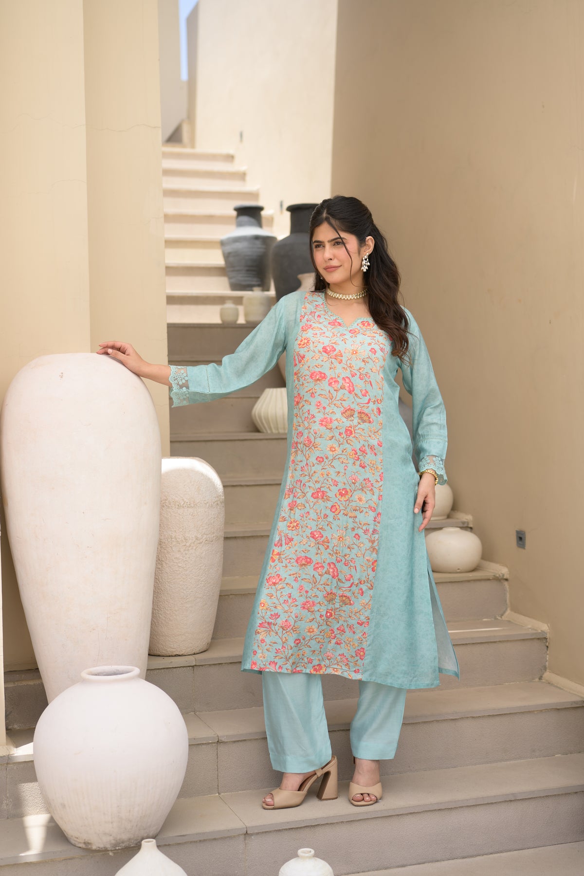 Light Blue Floral Panel Print with Lace Muslin Kurta set