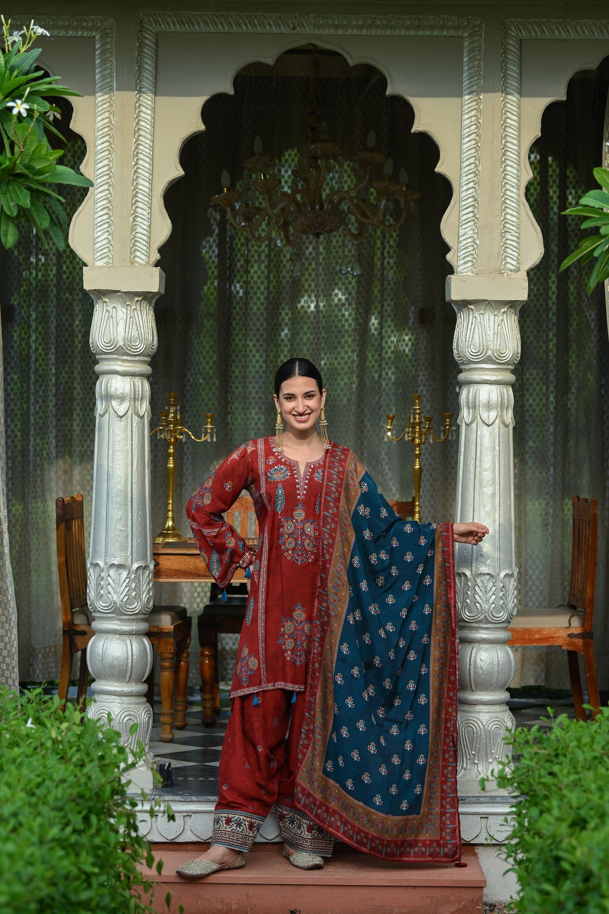 Red and Blue Mughal Block Print Muslin Fasrshi Salwar Set