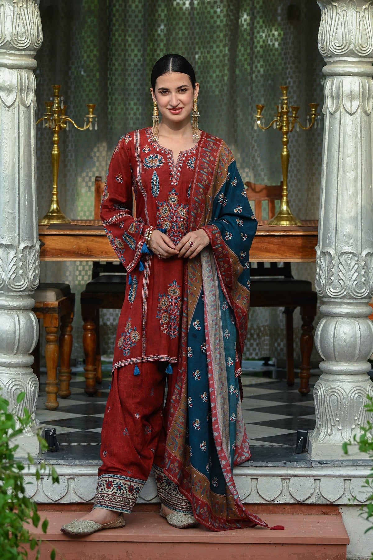 Red and Blue Mughal Block Print Muslin Fasrshi Salwar Set