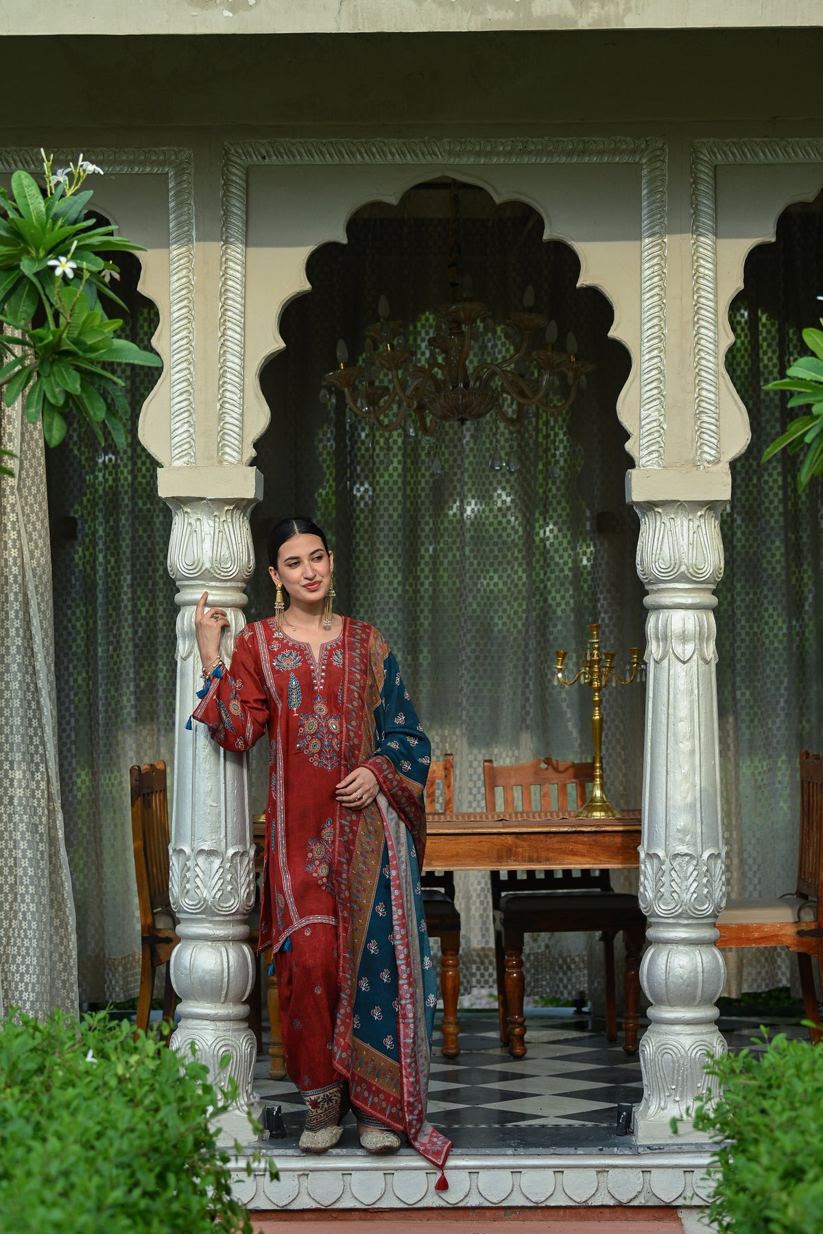 Red and Blue Mughal Block Print Muslin Fasrshi Salwar Set