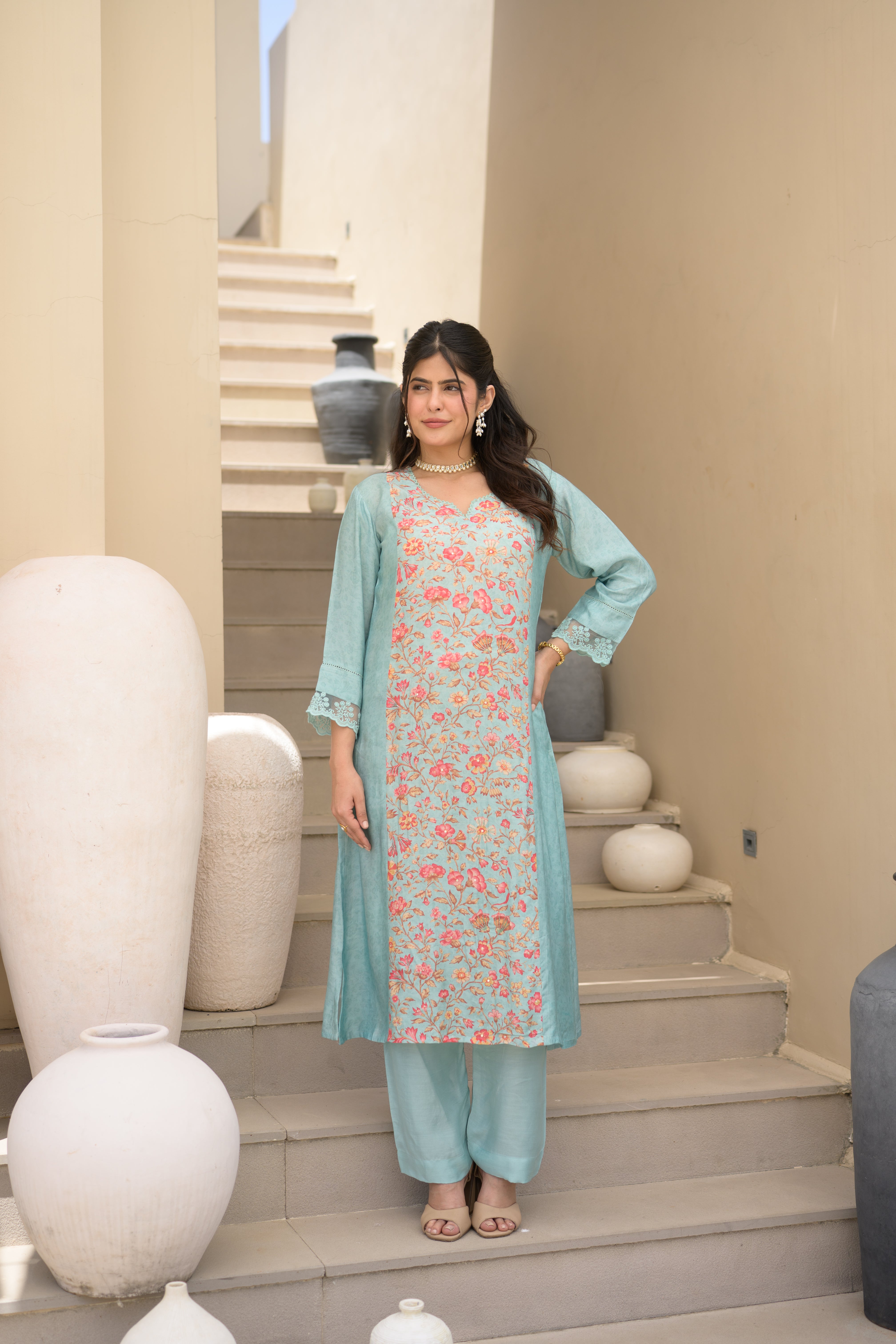 Light Blue Floral Panel Print with Lace Muslin Kurta set