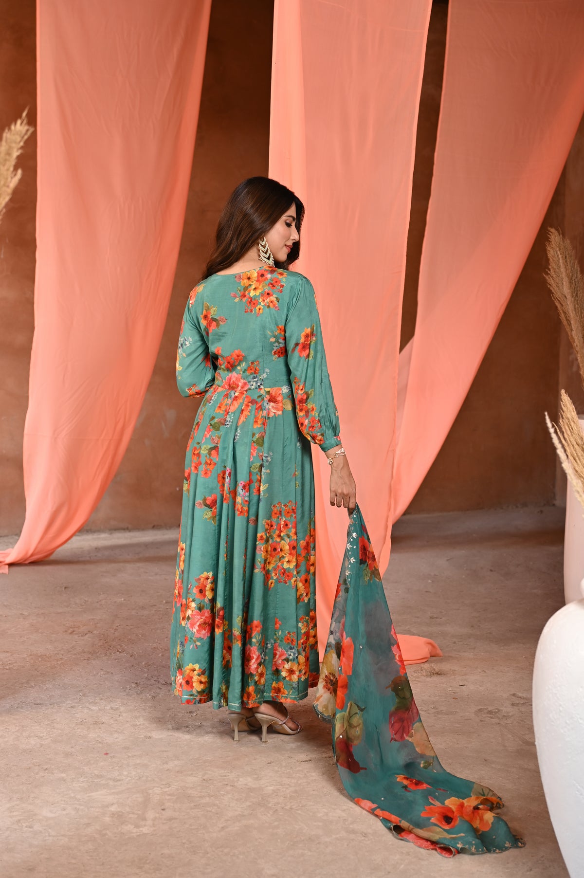 Green  Kashida Muslin Anarkali Suit Set with Organza Floral Dupatta