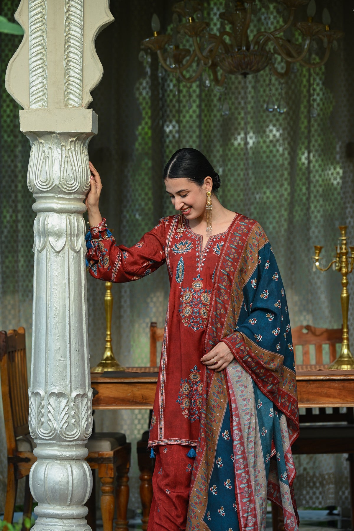 Red and Blue Mughal Block Print Muslin Fasrshi Salwar Set