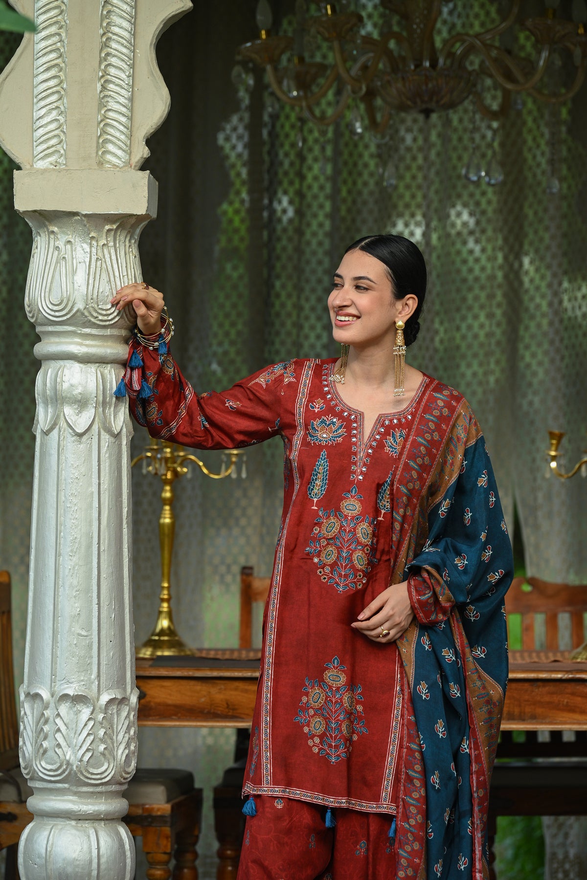 Red and Blue Mughal Block Print Muslin Fasrshi Salwar Set
