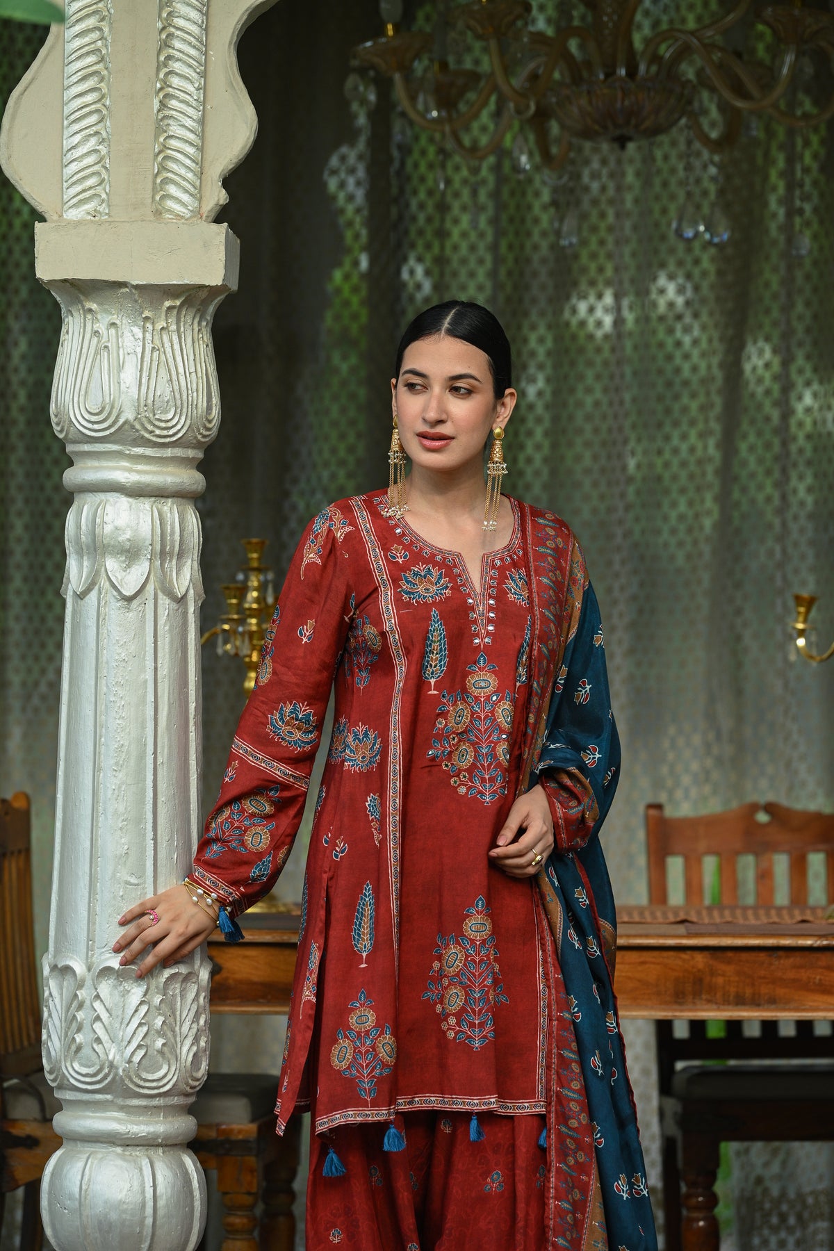 Red and Blue Mughal Block Print Muslin Fasrshi Salwar Set