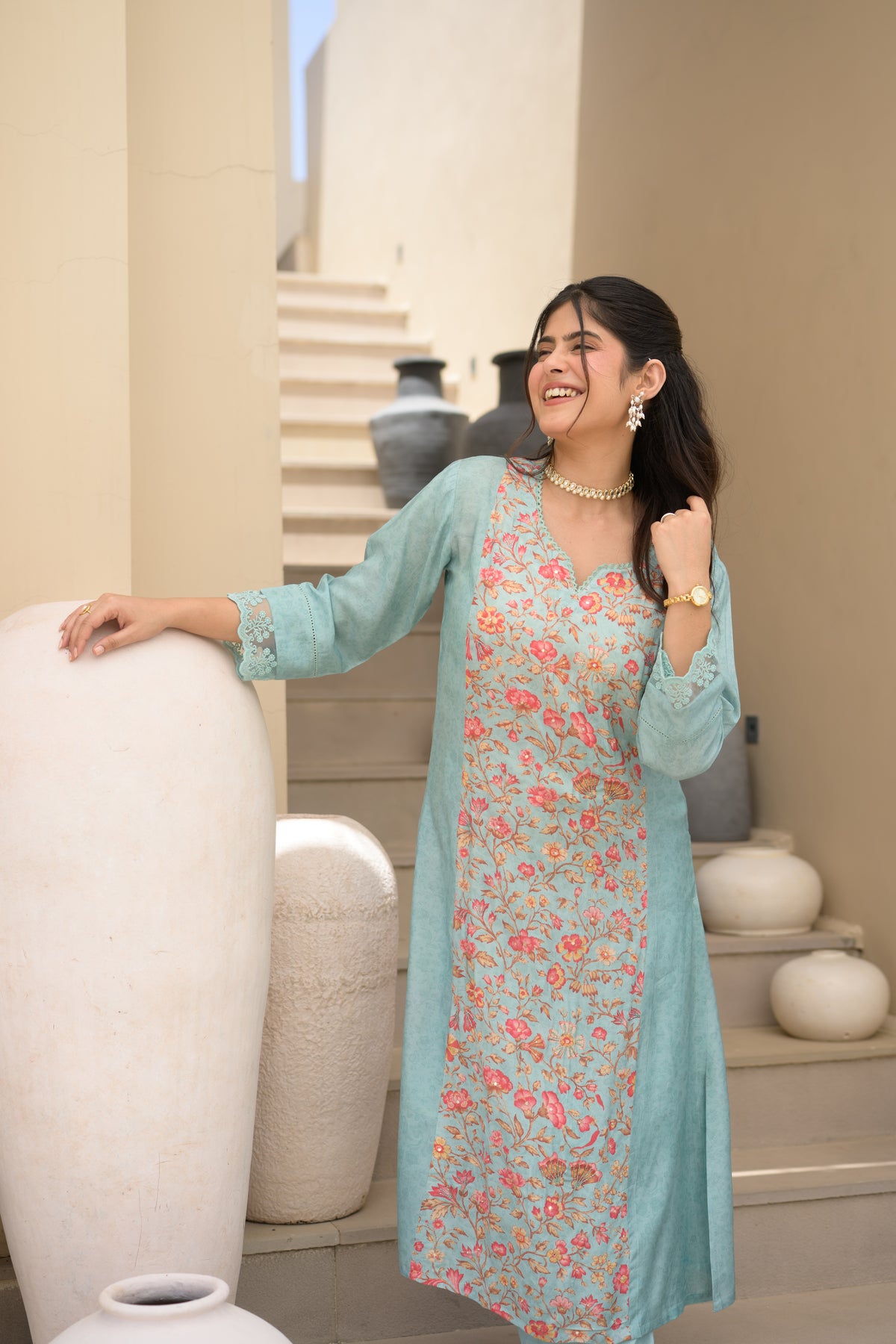 Light Blue Floral Panel Print with Lace Muslin Kurta set