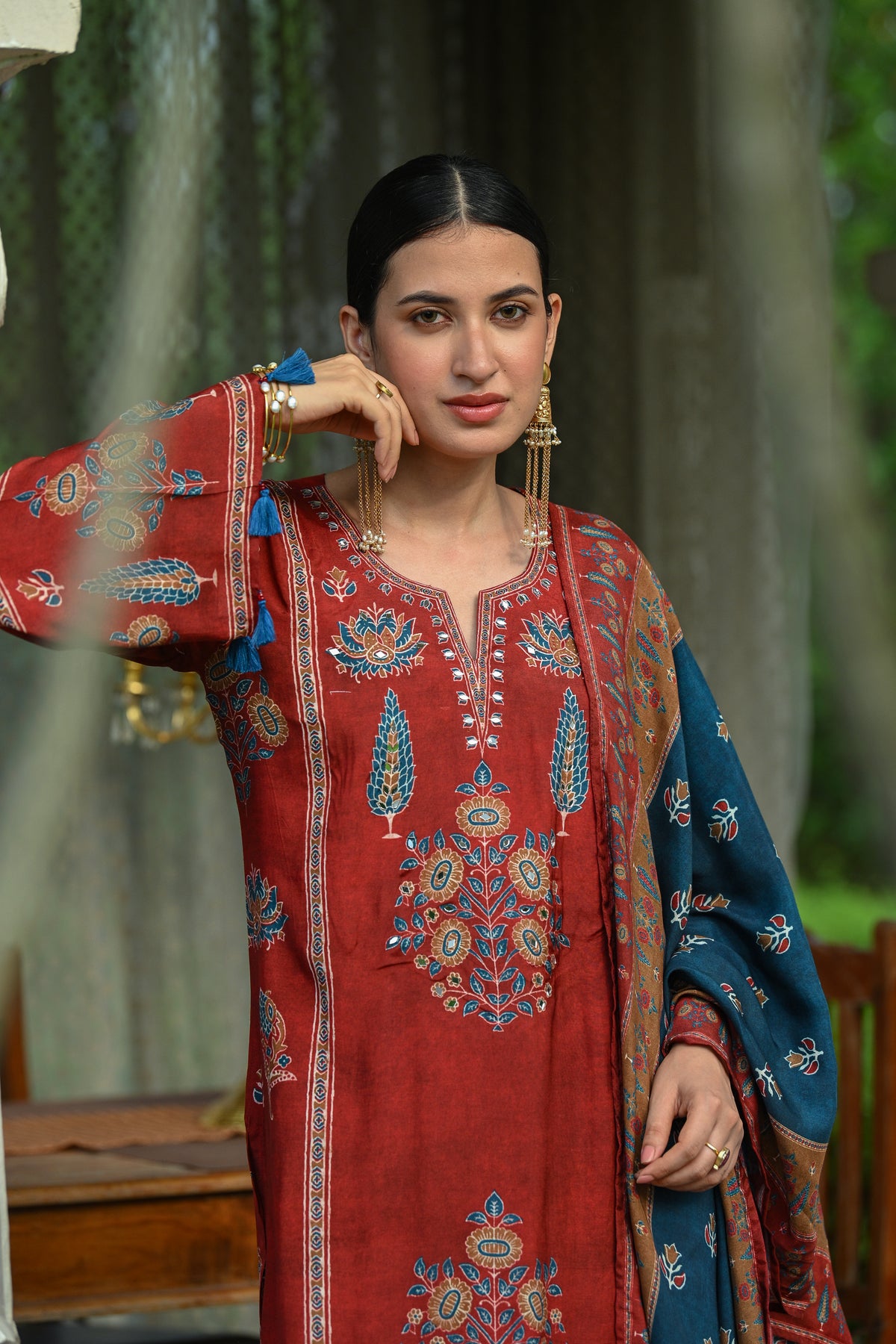Red and Blue Mughal Block Print Muslin Fasrshi Salwar Set