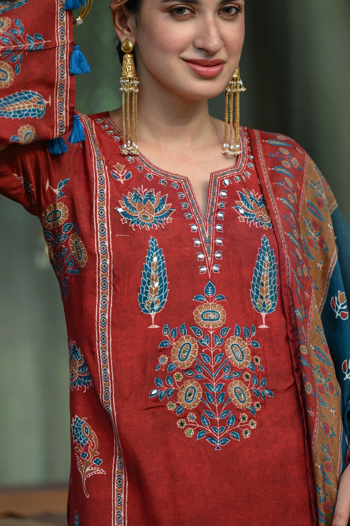 Red and Blue Mughal Block Print Muslin Fasrshi Salwar Set