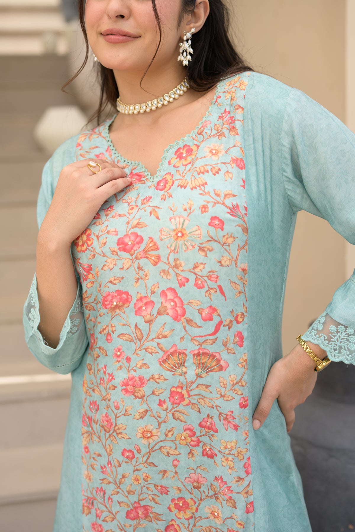 Light Blue Floral Panel Print with Lace Muslin Kurta set