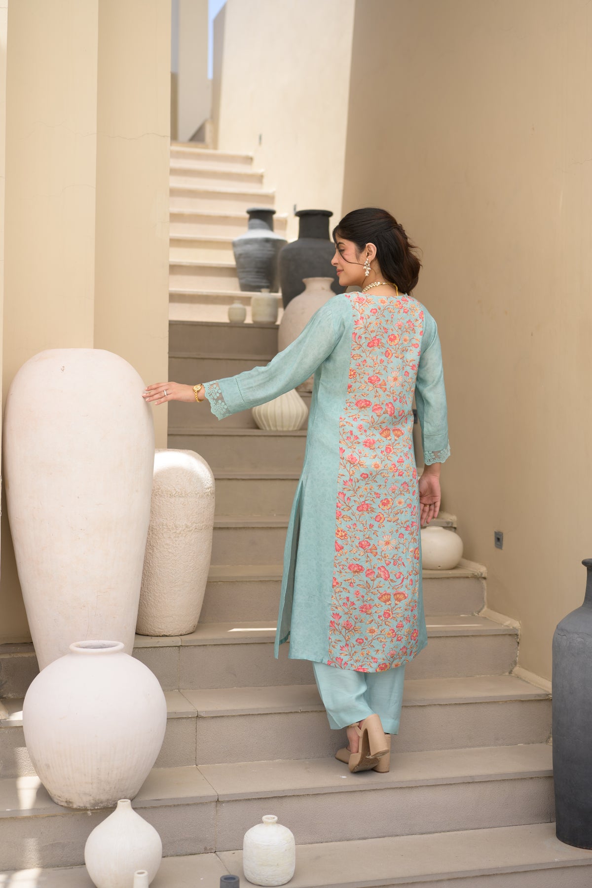 Light Blue Floral Panel Print with Lace Muslin Kurta set