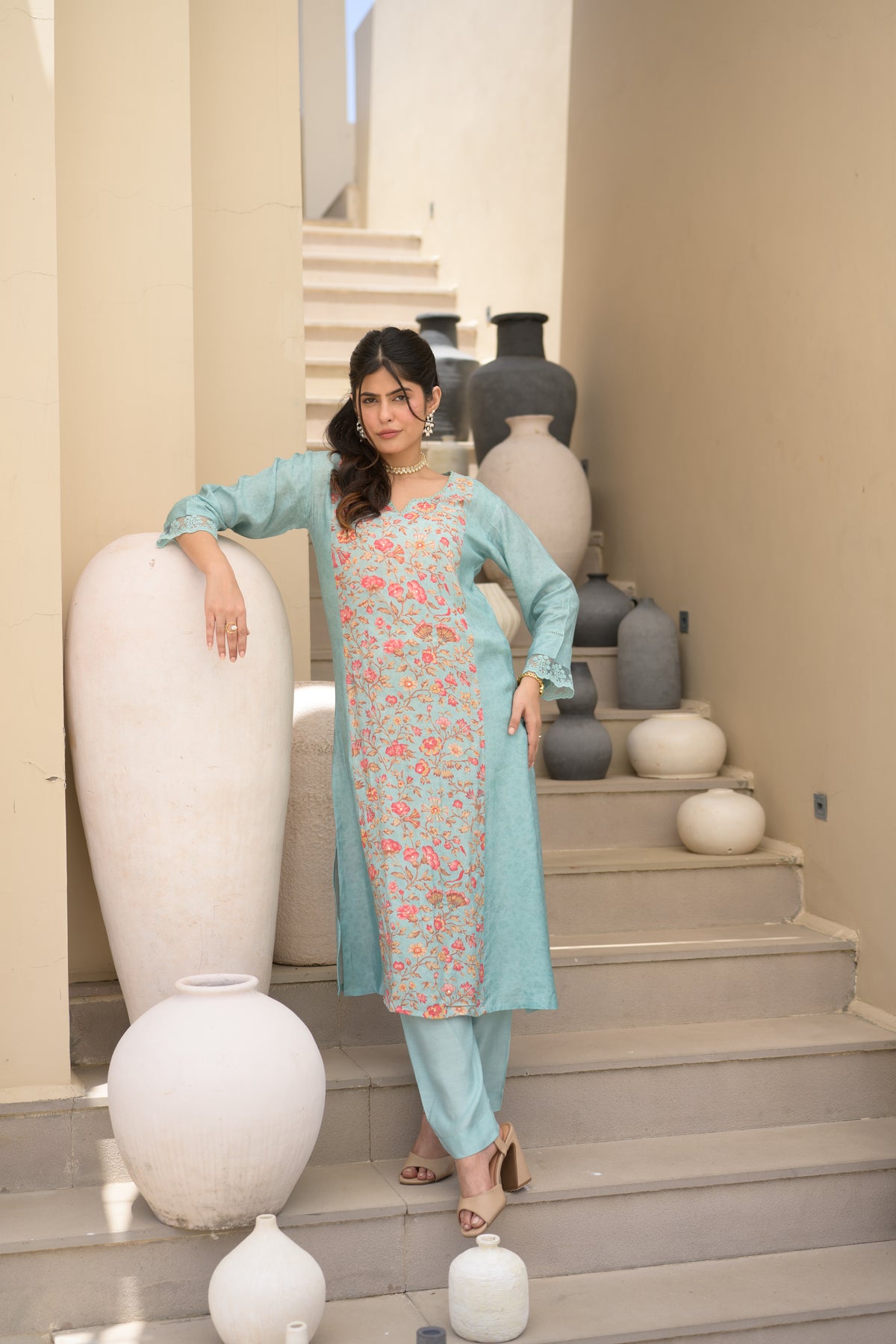 Light Blue Floral Panel Print with Lace Muslin Kurta set