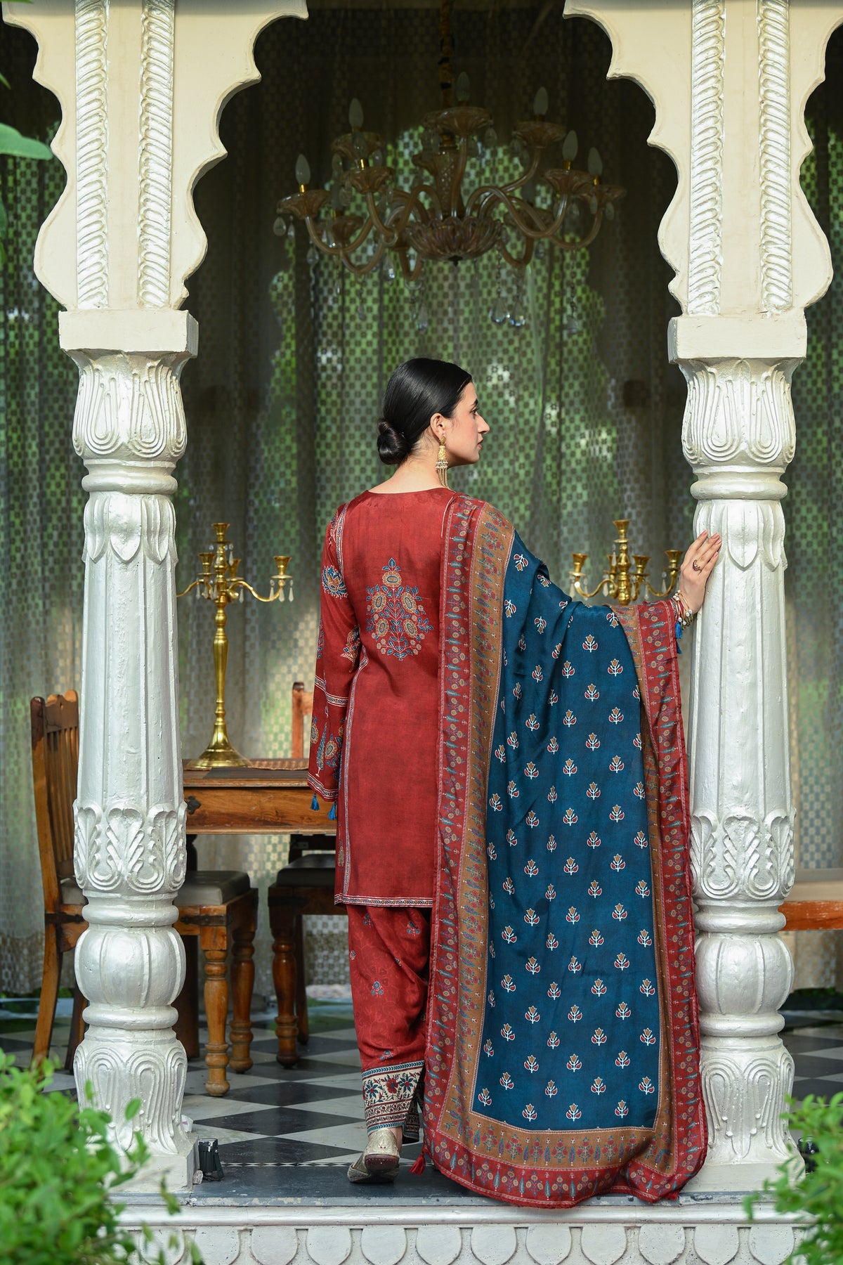 Red and Blue Mughal Block Print Muslin Fasrshi Salwar Set