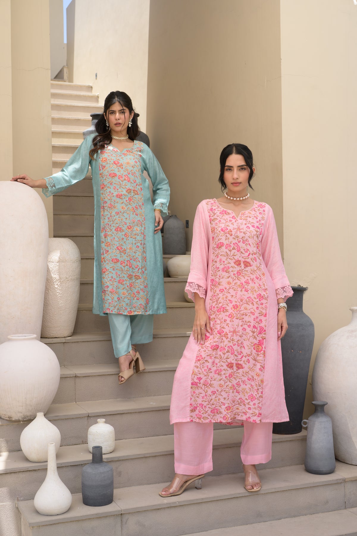 Light Blue Floral Panel Print with Lace Muslin Kurta set