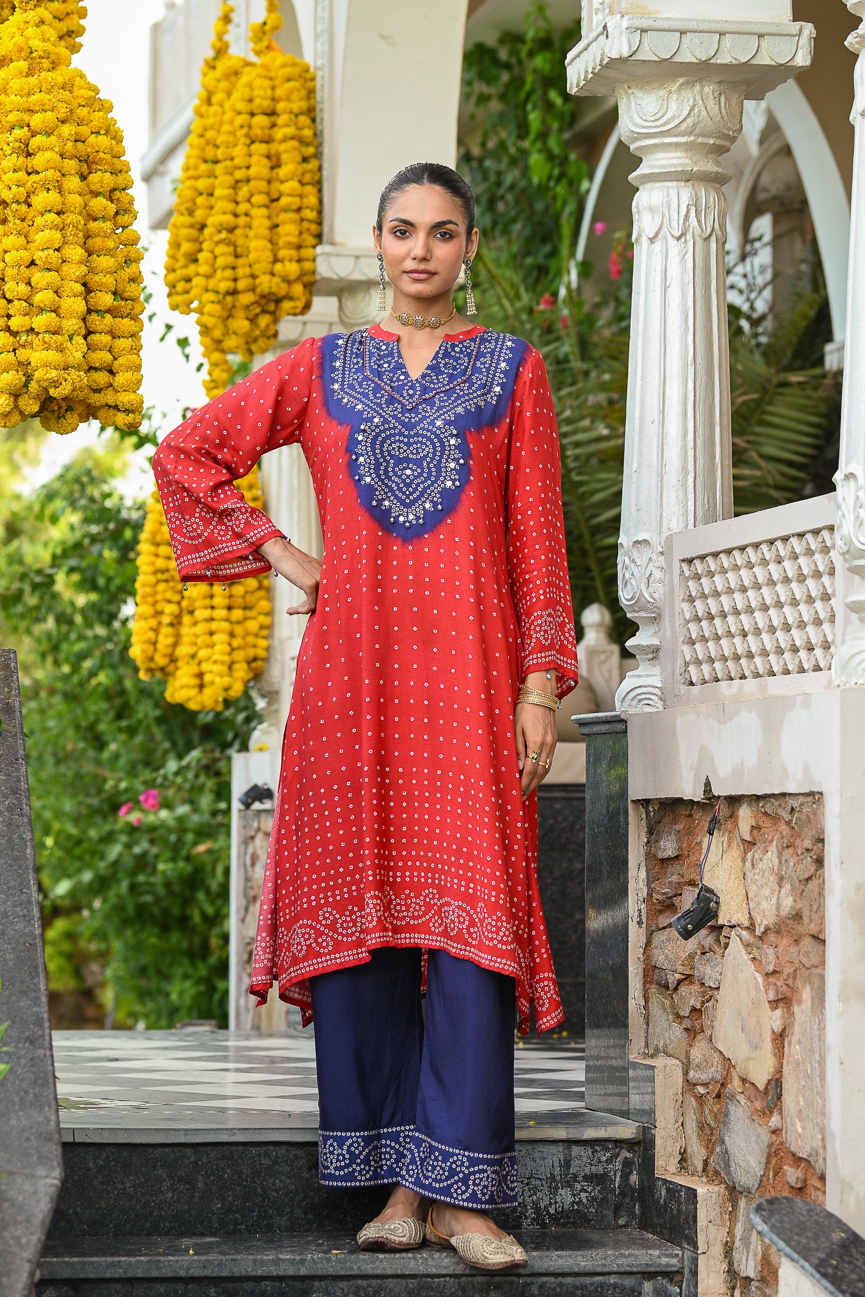 Red and Blue Bandhani A line kurta set with Sequence , Mirror and Thread Work