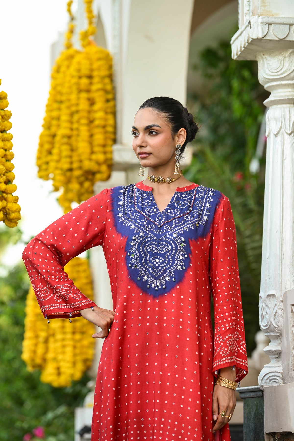 Red and Blue Bandhani A line kurta set with Sequence , Mirror and Thread Work