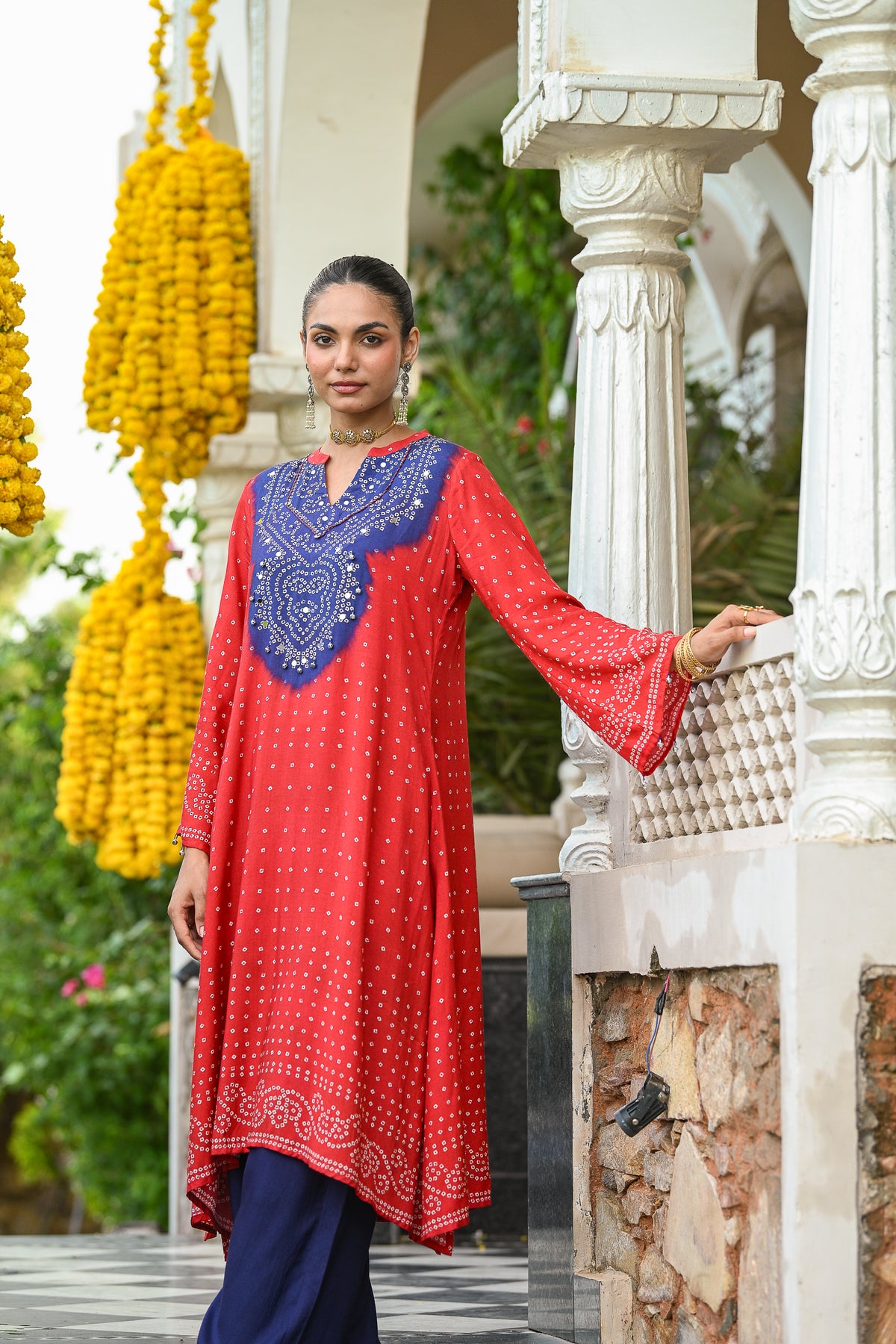 Red and Blue Bandhani A line kurta set with Sequence , Mirror and Thread Work