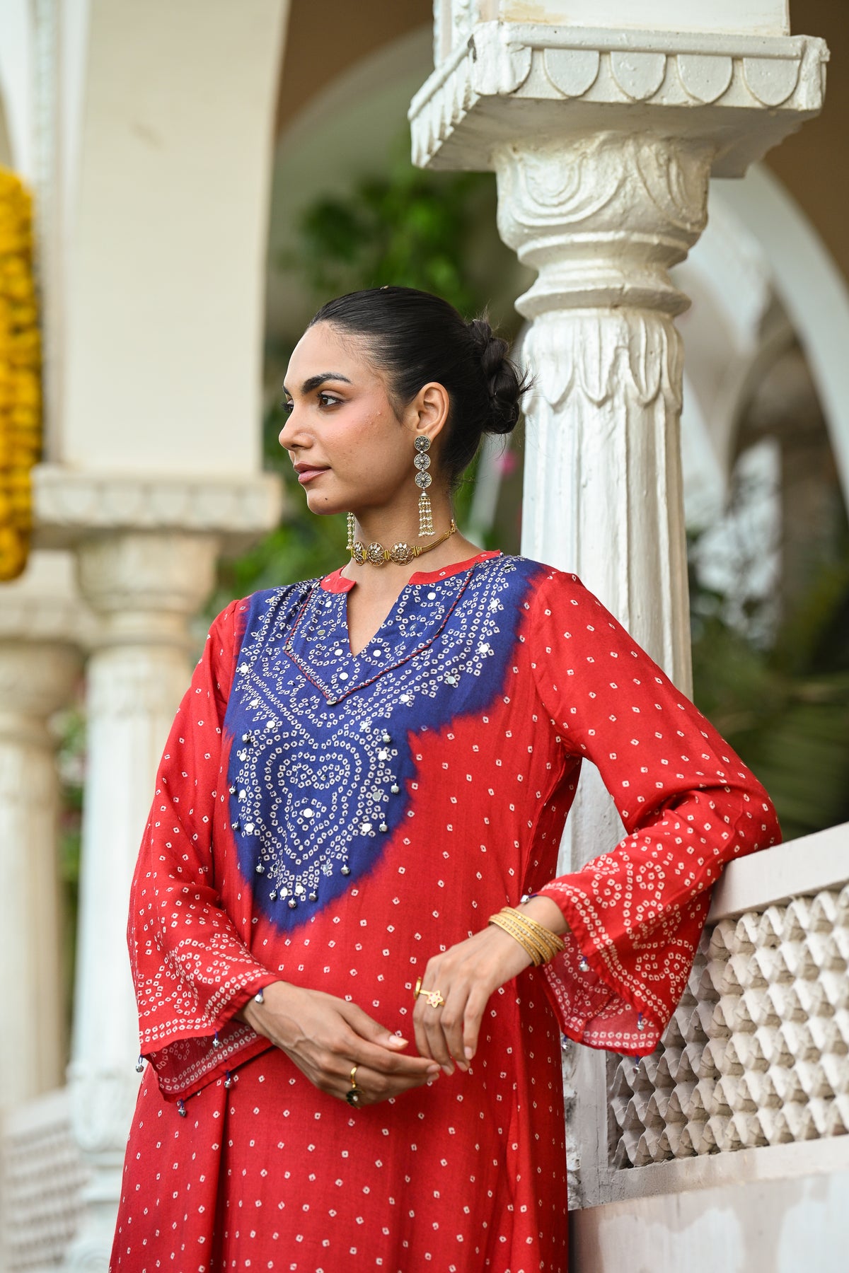 Red and Blue Bandhani A line kurta set with Sequence , Mirror and Thread Work