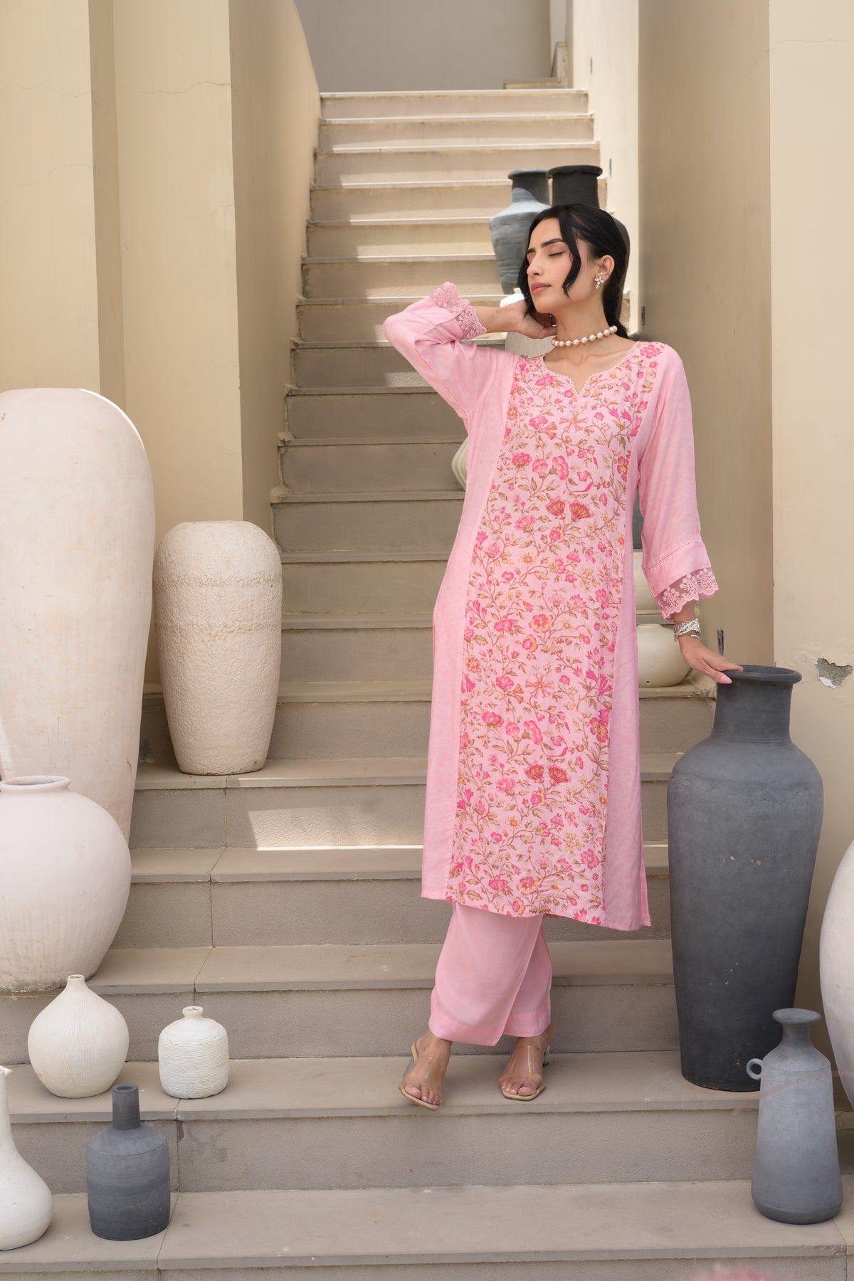 Pink Floral Panel Print with Lace Muslin Kurta set
