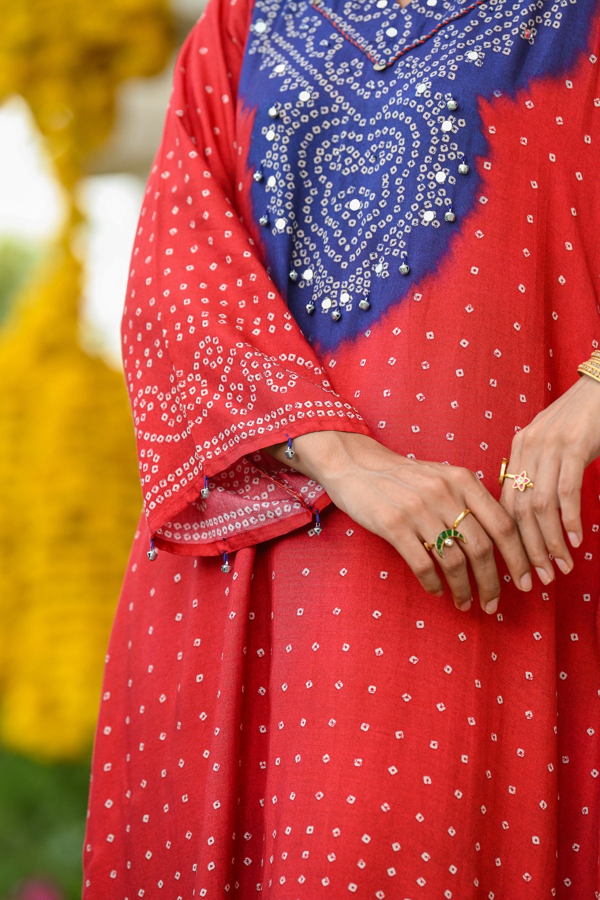 Red and Blue Bandhani A line kurta set with Sequence , Mirror and Thread Work
