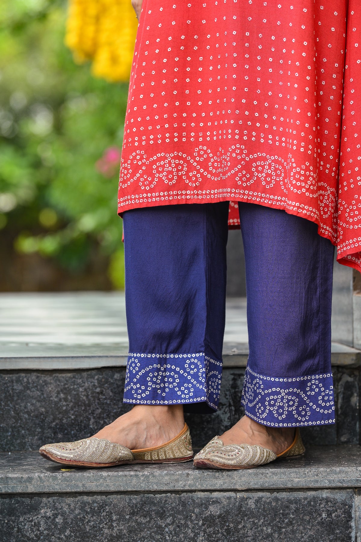 Red and Blue Bandhani A line kurta set with Sequence , Mirror and Thread Work