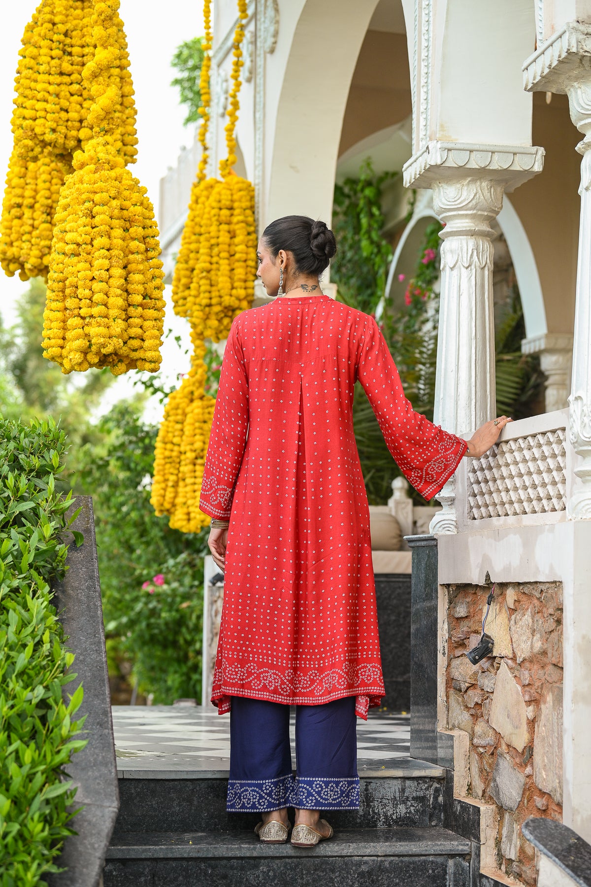 Red and Blue Bandhani A line kurta set with Sequence , Mirror and Thread Work