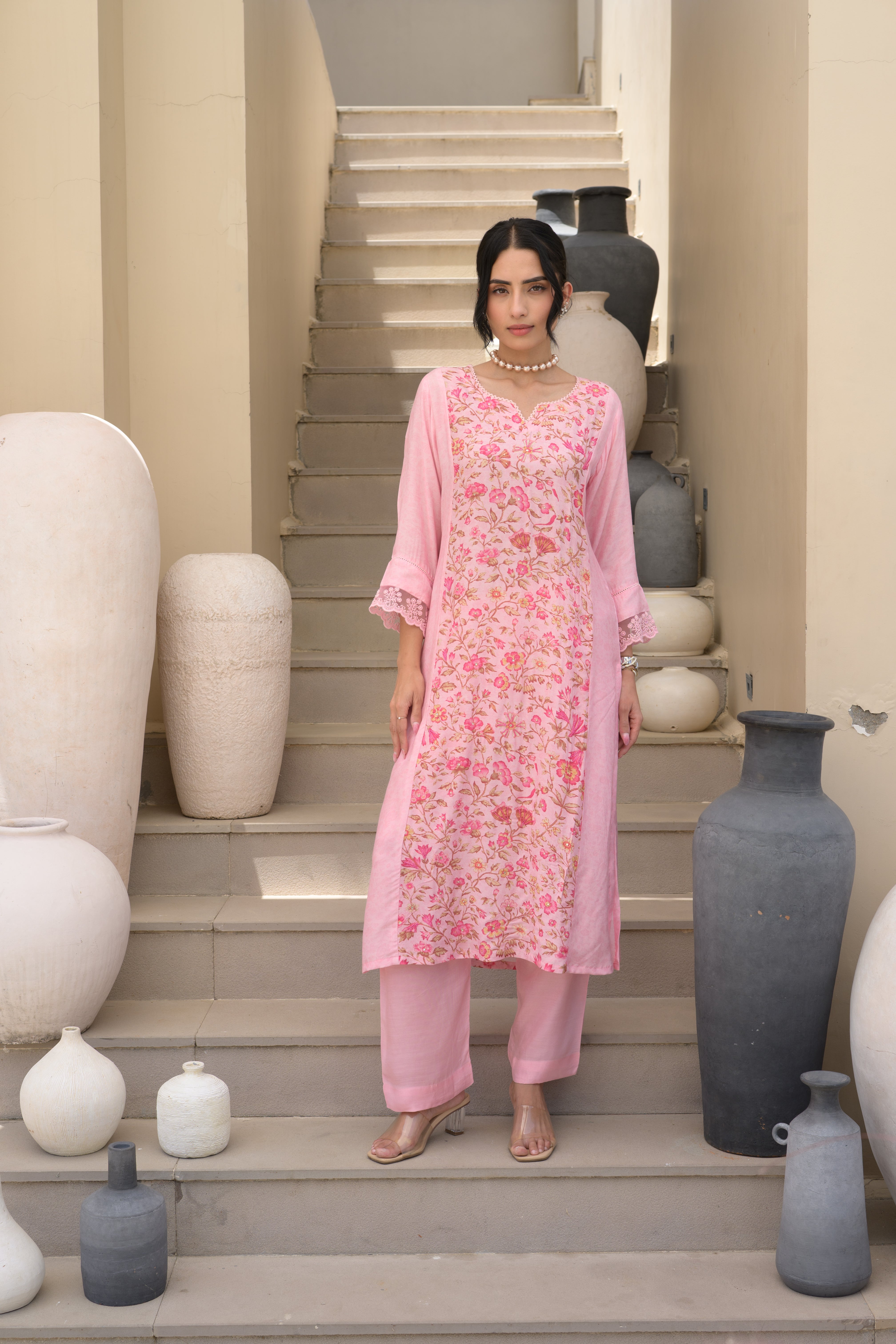 Pink Floral Panel Print with Lace Muslin Kurta set
