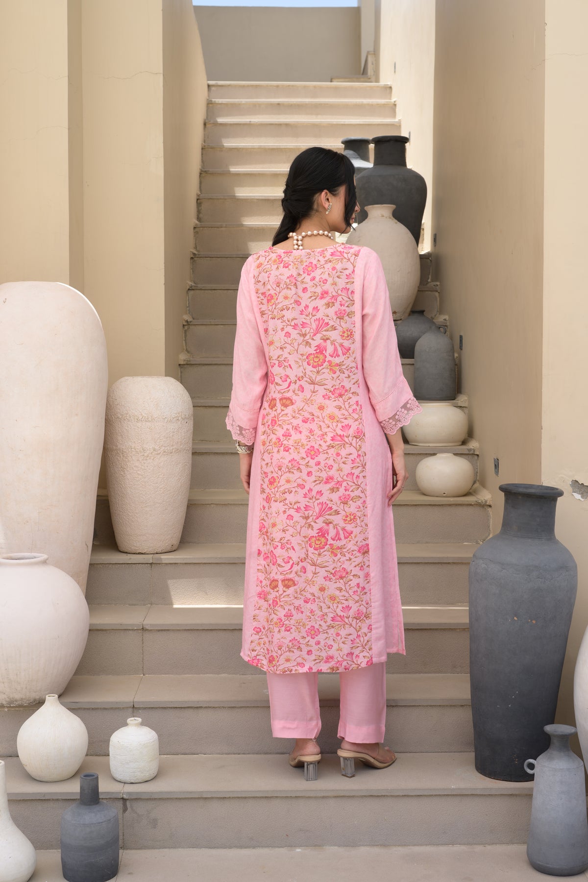 Pink Floral Panel Print with Lace Muslin Kurta set