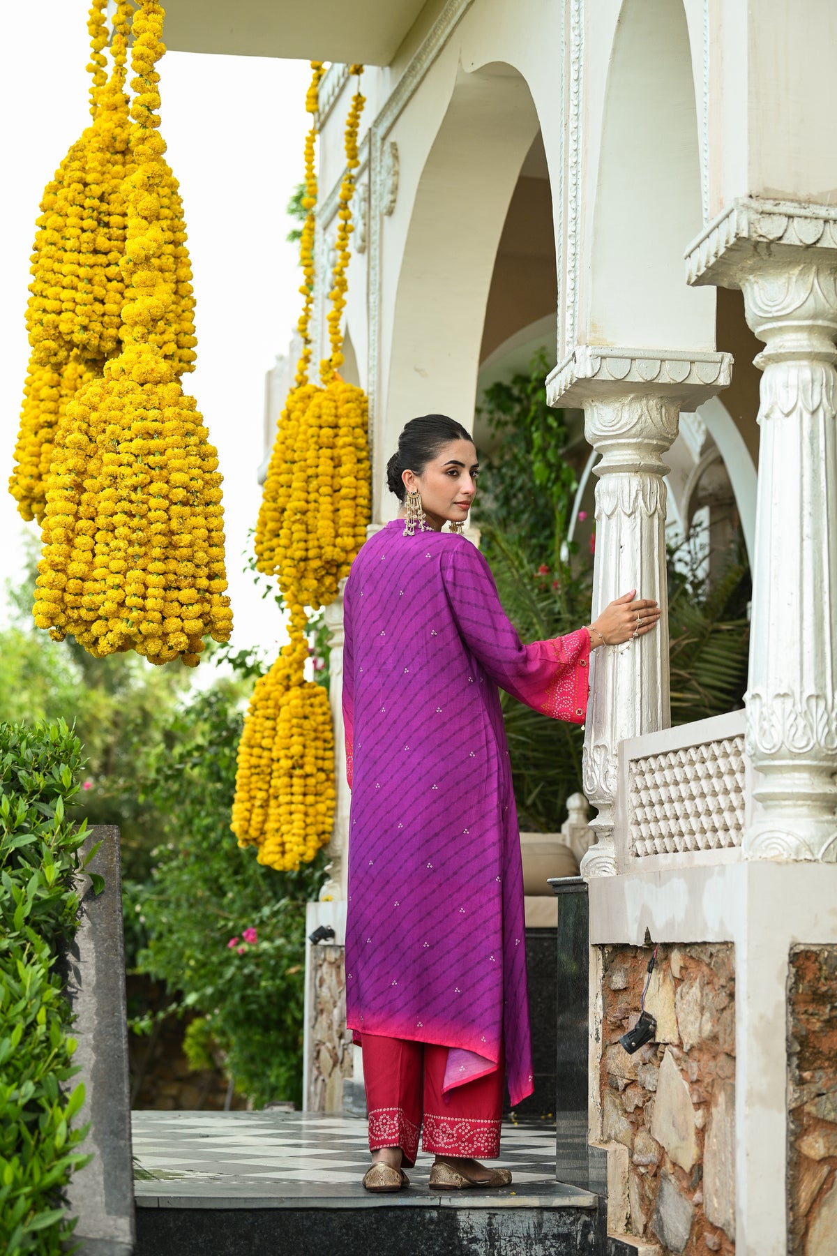 Pink and purple lehariya A line kurta set with mirror and sequence work