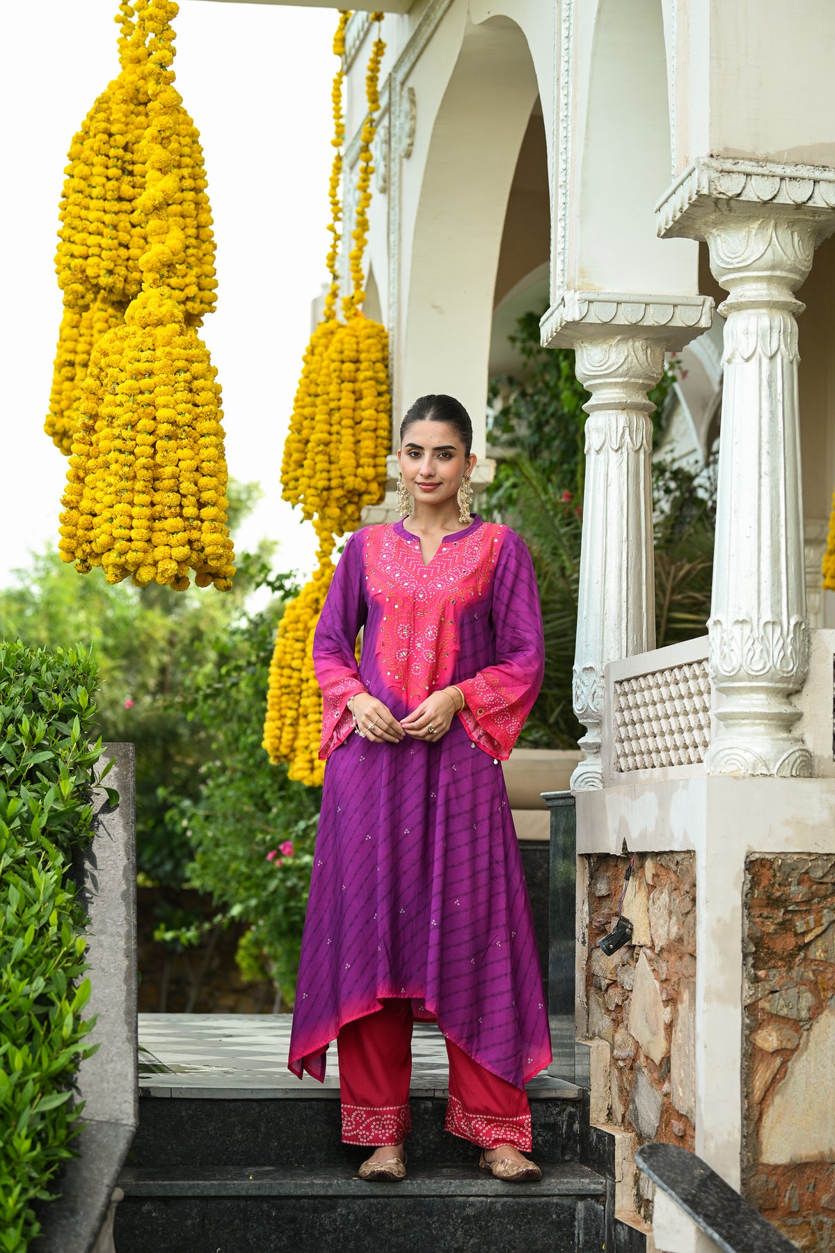 Pink and purple lehariya A line kurta set with mirror and sequence work