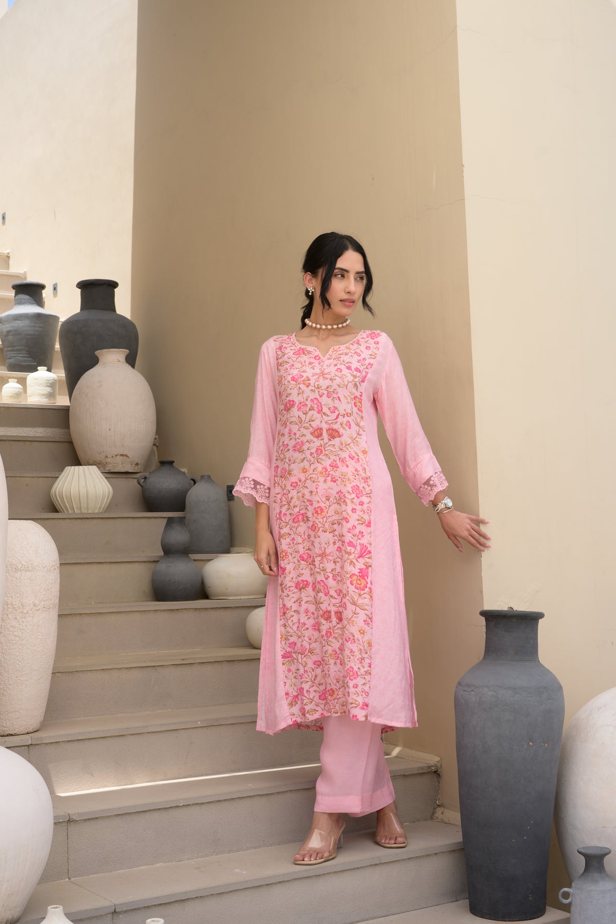 Pink Floral Panel Print with Lace Muslin Kurta set