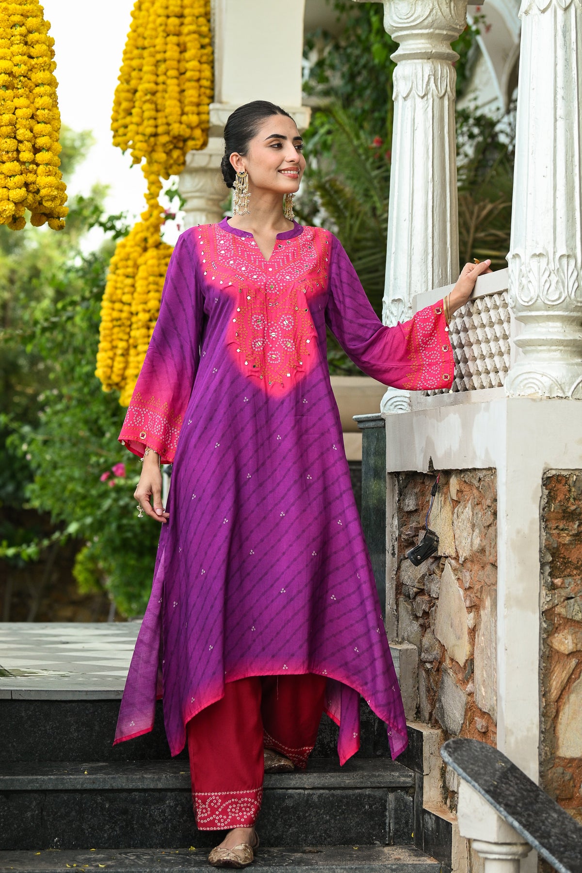 Pink and purple lehariya A line kurta set with mirror and sequence work