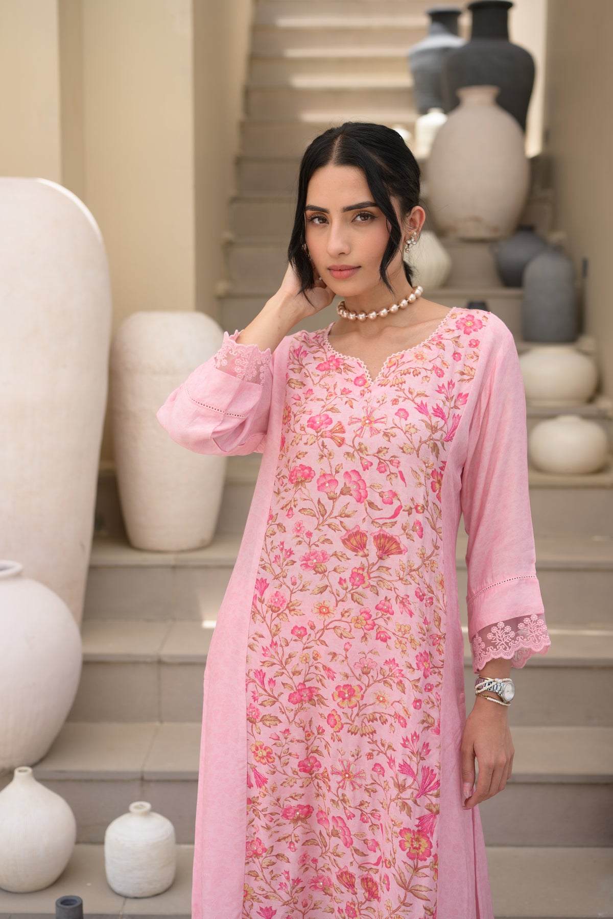 Pink Floral Panel Print with Lace Muslin Kurta set