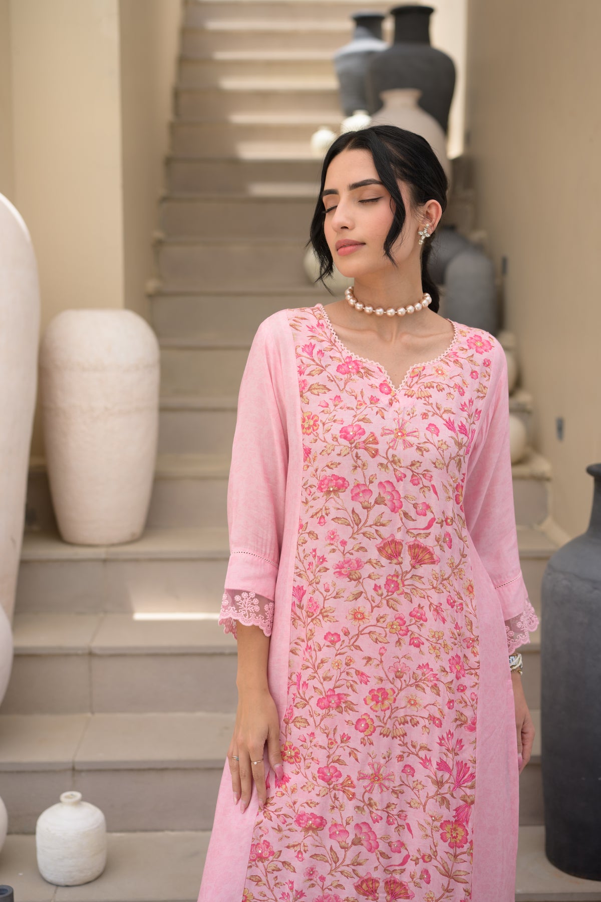 Pink Floral Panel Print with Lace Muslin Kurta set