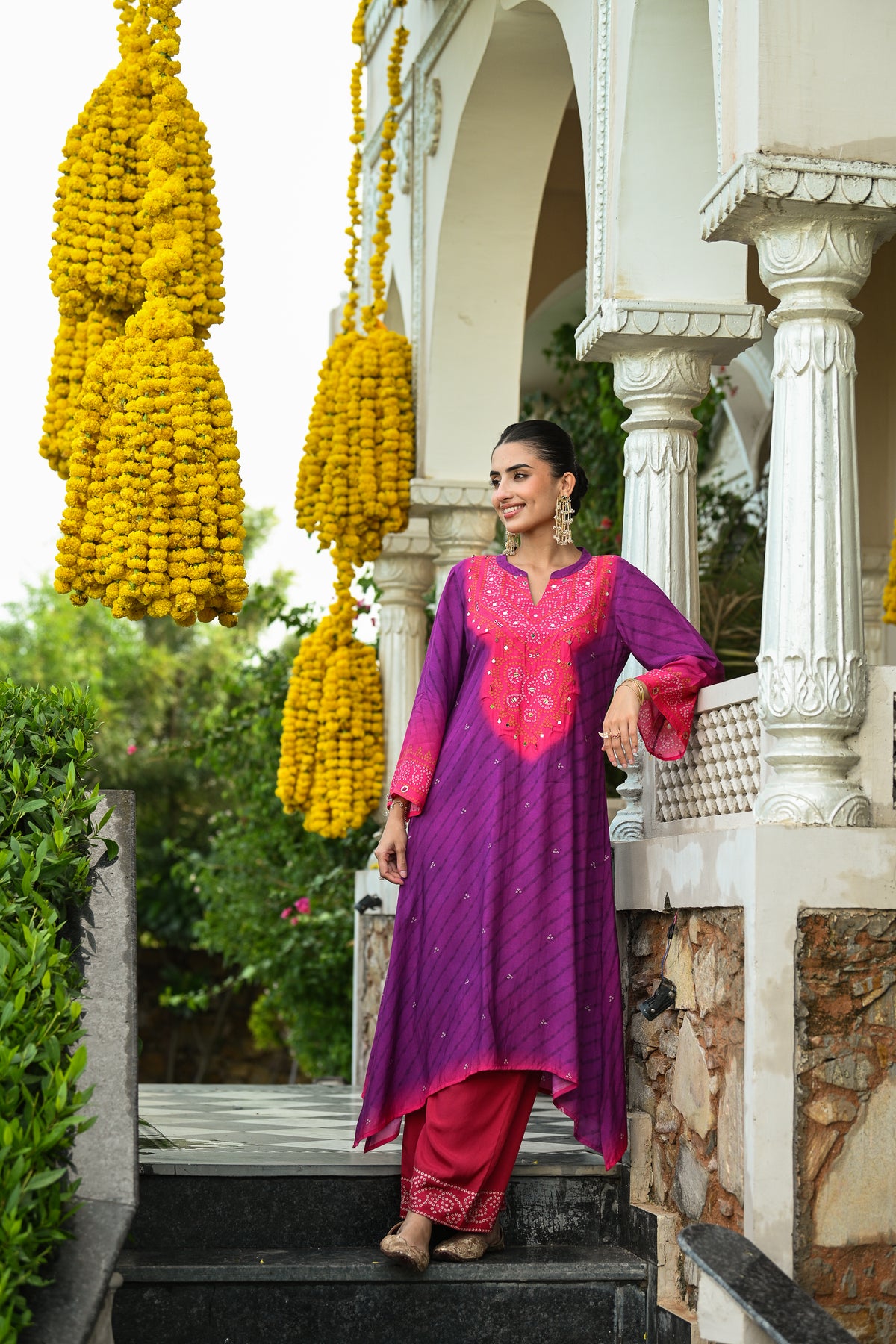Pink and purple lehariya A line kurta set with mirror and sequence work
