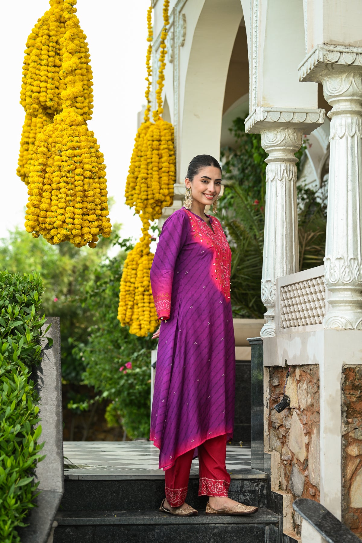 Pink and purple lehariya A line kurta set with mirror and sequence work