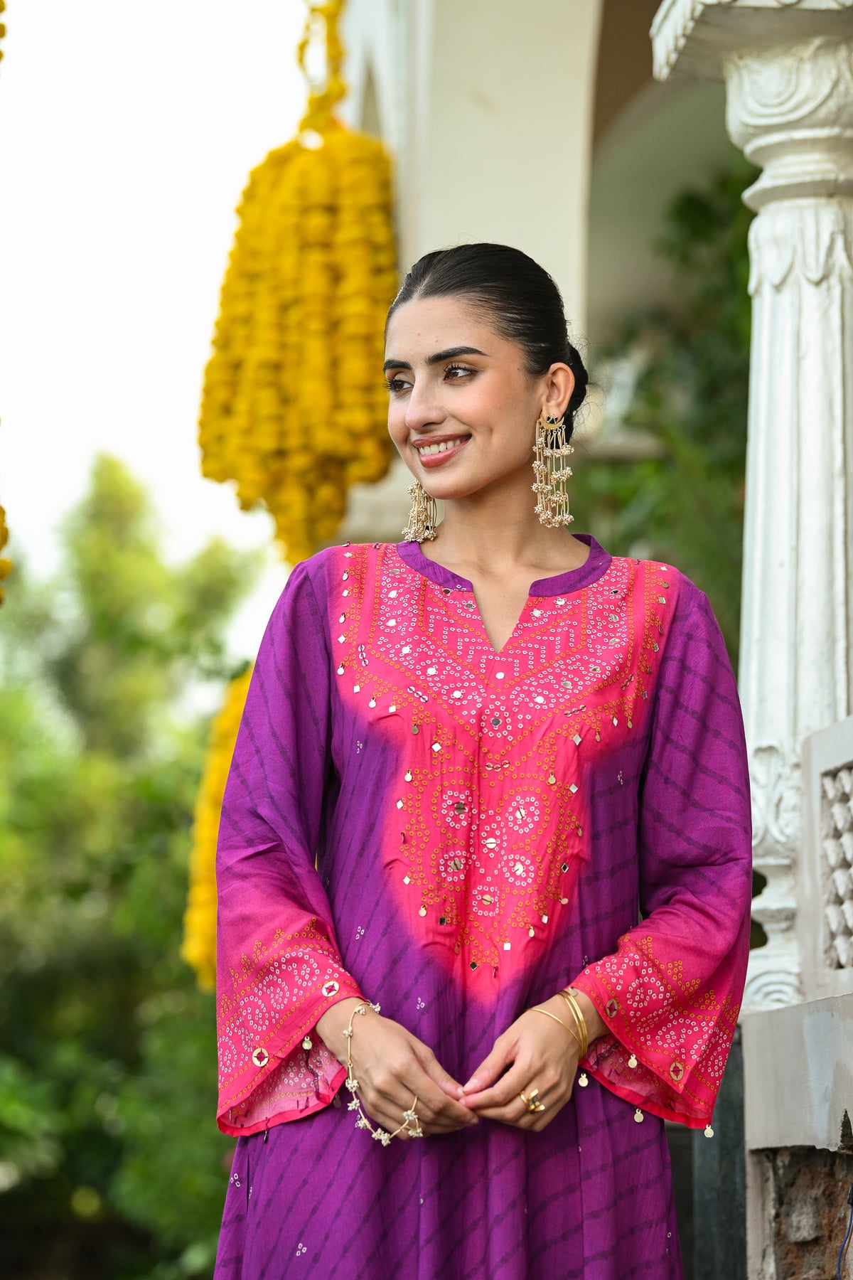 Pink and purple lehariya A line kurta set with mirror and sequence work