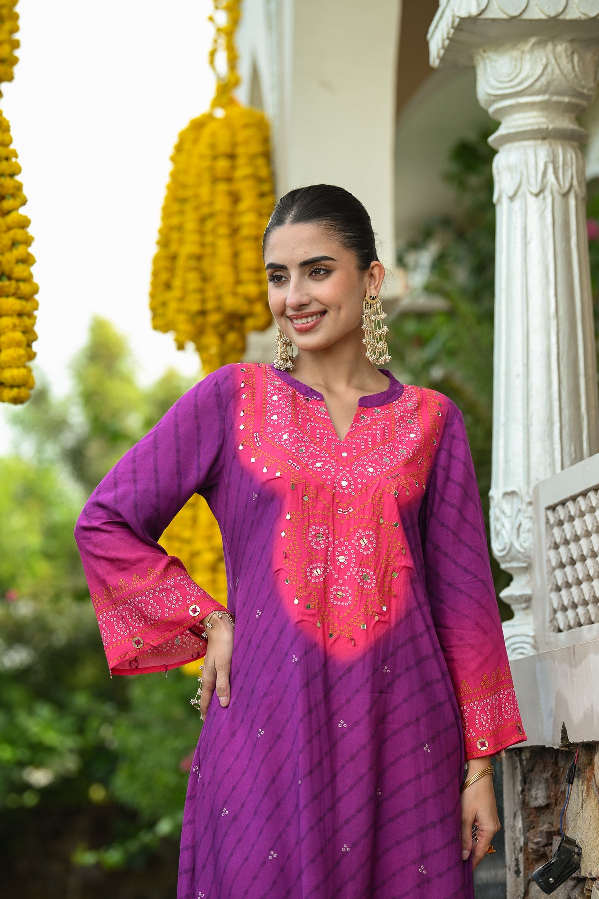 Pink and purple lehariya A line kurta set with mirror and sequence work