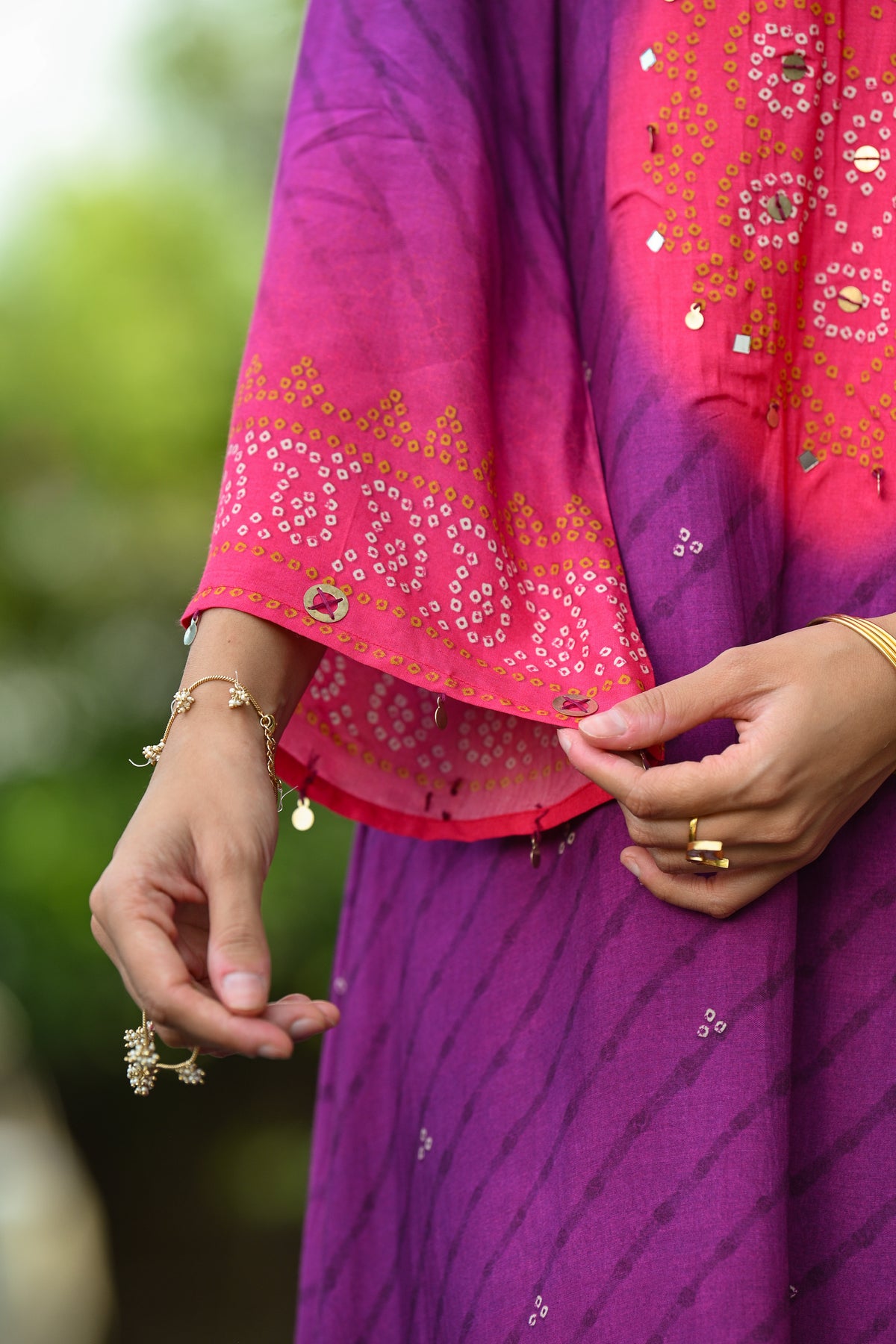 Pink and purple lehariya A line kurta set with mirror and sequence work