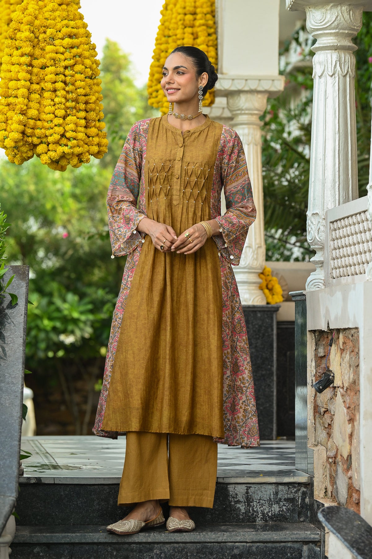 Mustard Pure Mul Chanderi with Side Block Print Smokey Work A line Kurta Set