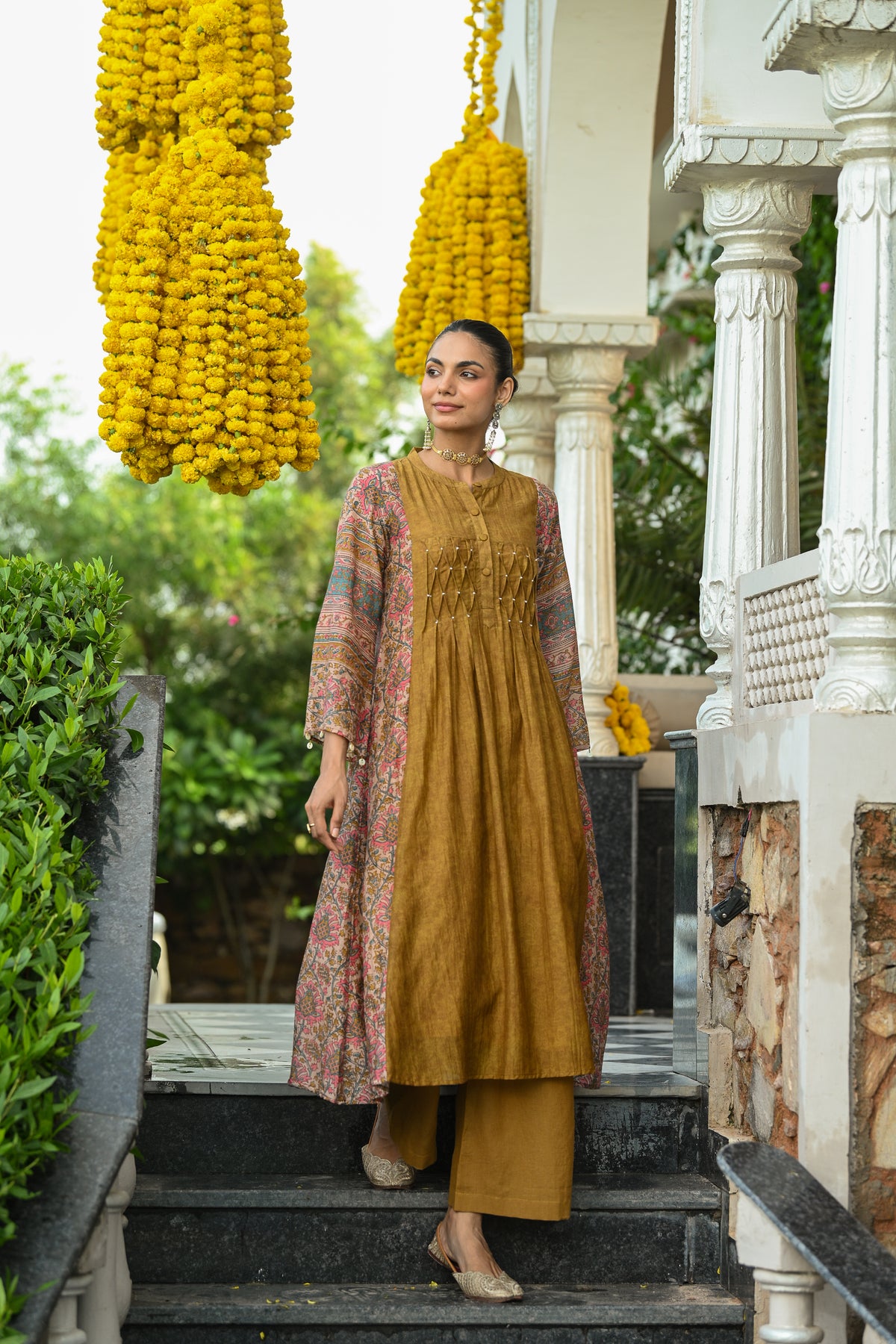 Mustard Pure Mul Chanderi with Side Block Print Smokey Work A line Kurta Set