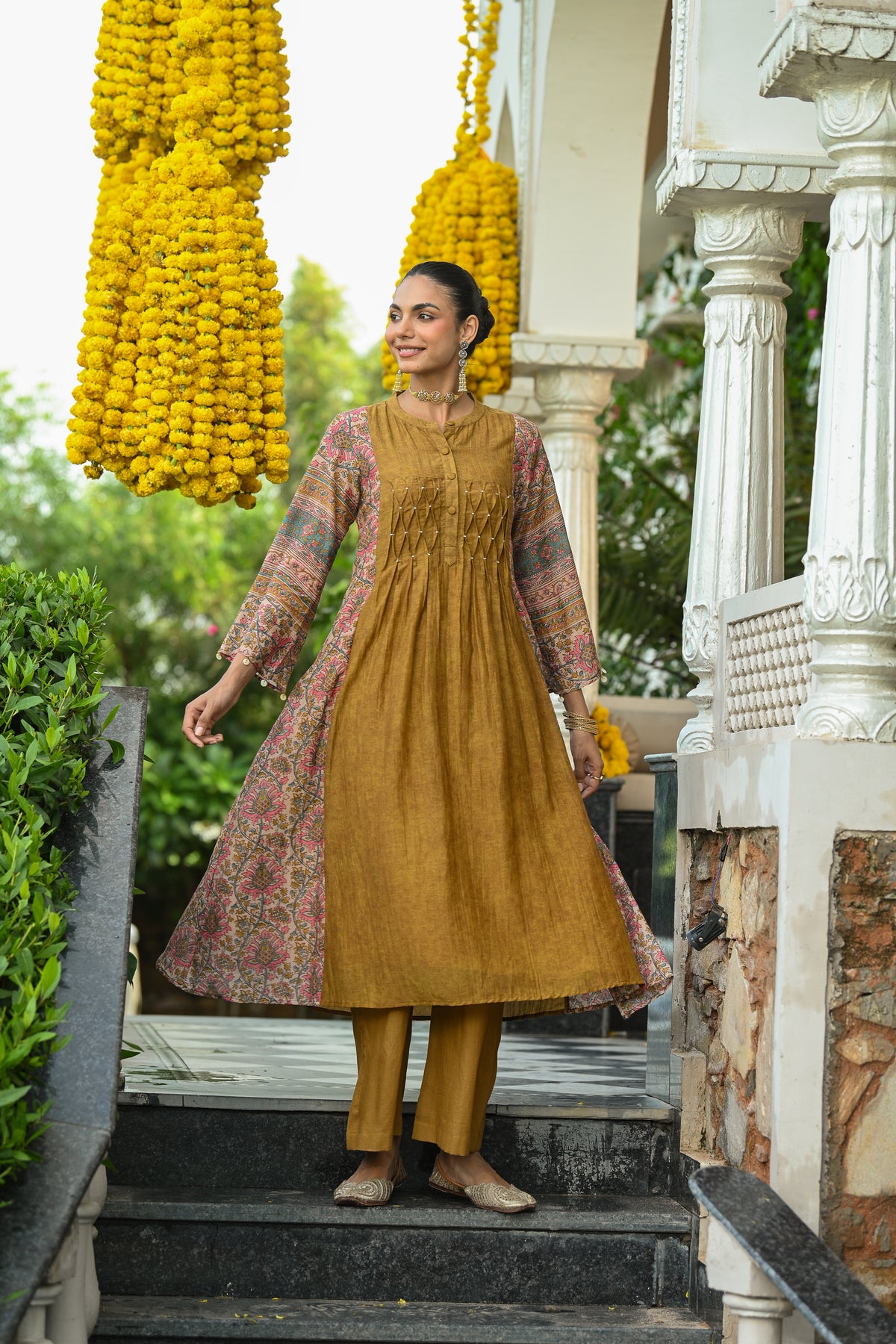 Mustard Pure Mul Chanderi with Side Block Print Smokey Work A line Kurta Set