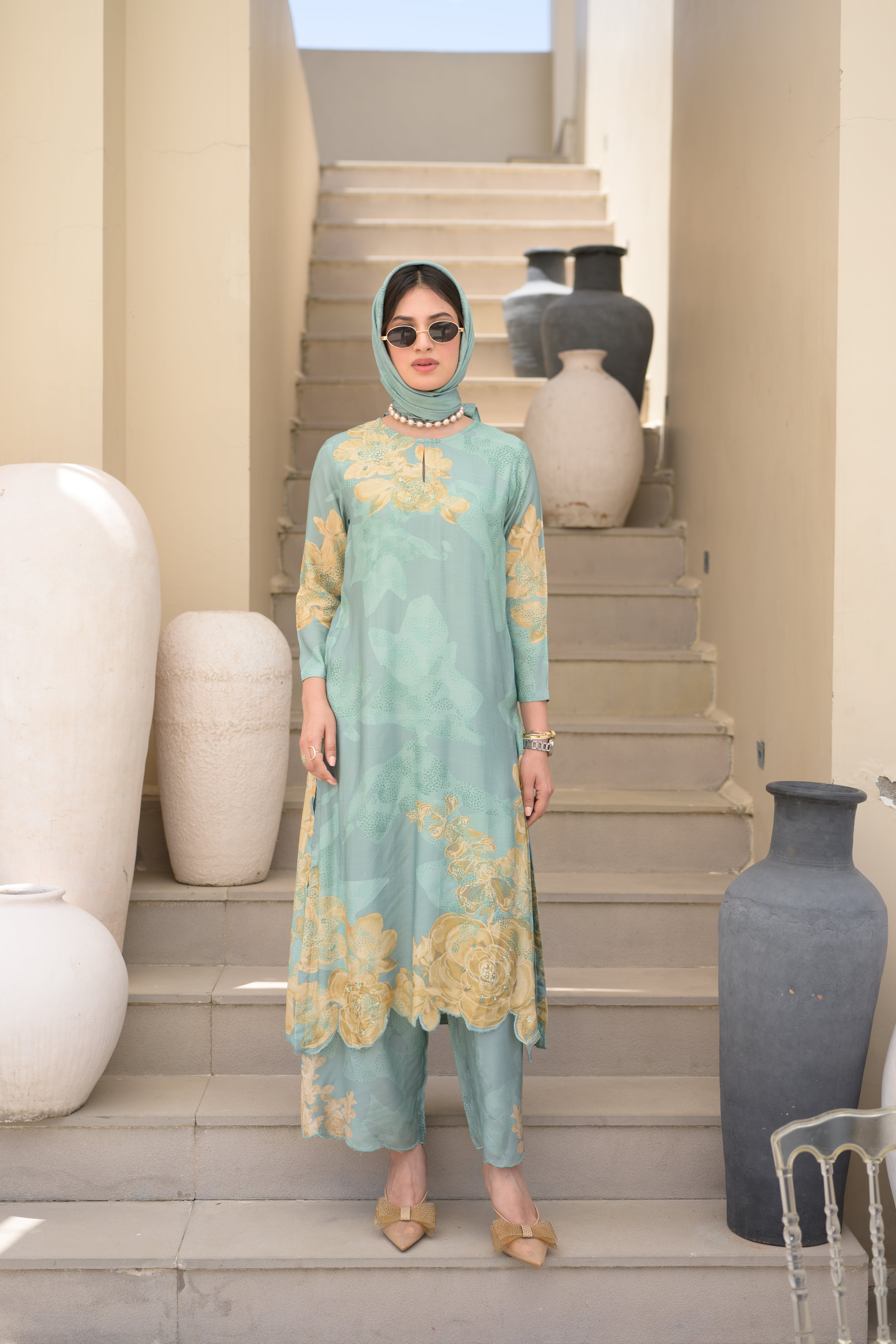 Seafoam Green Cut Work Scallope Muslin Kurta with Yellow Organza Border Embroidered Scallope Pant Set