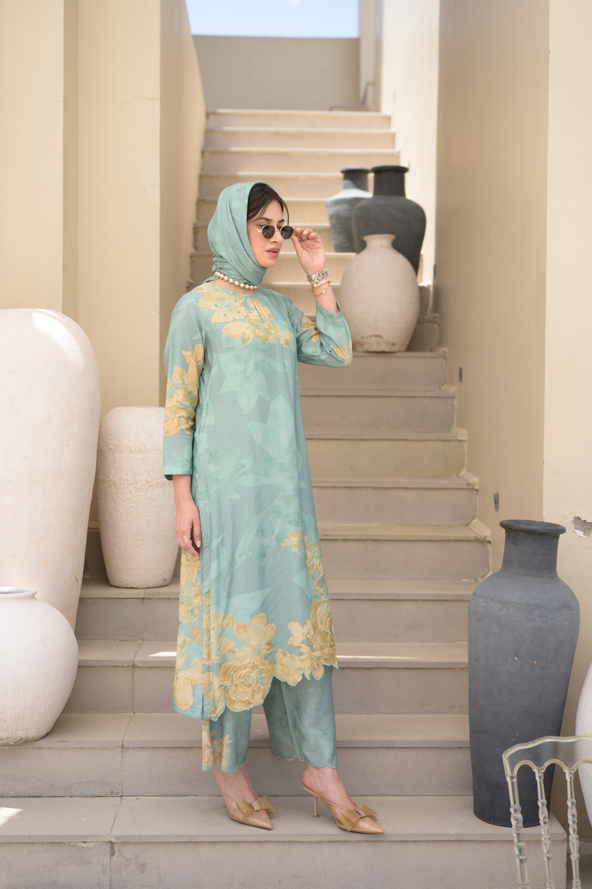 Seafoam Green Cut Work Scallope Muslin Kurta with Yellow Organza Border Embroidered Scallope Pant Set