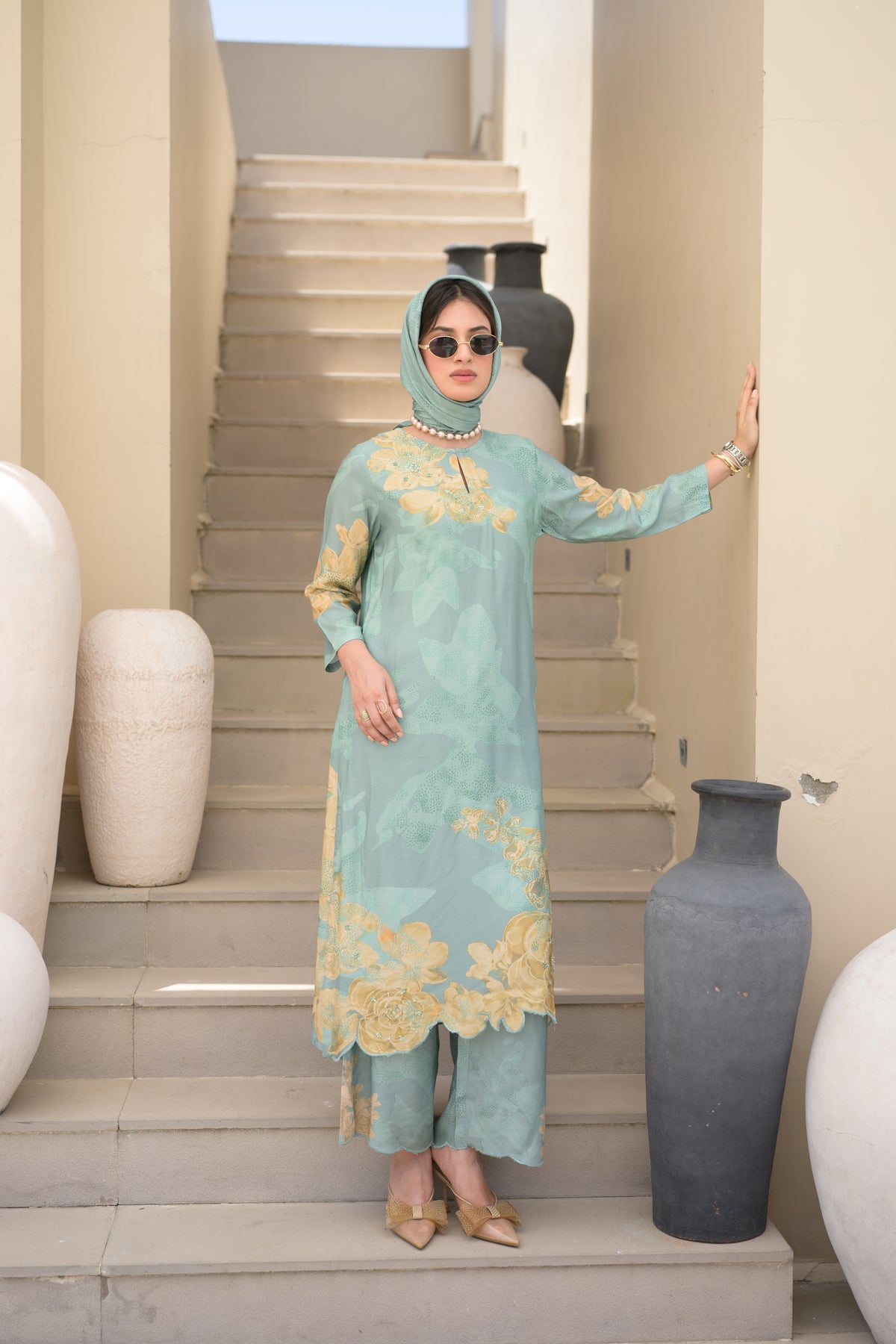 Seafoam Green Cut Work Scallope Muslin Kurta with Yellow Organza Border Embroidered Scallope Pant Set