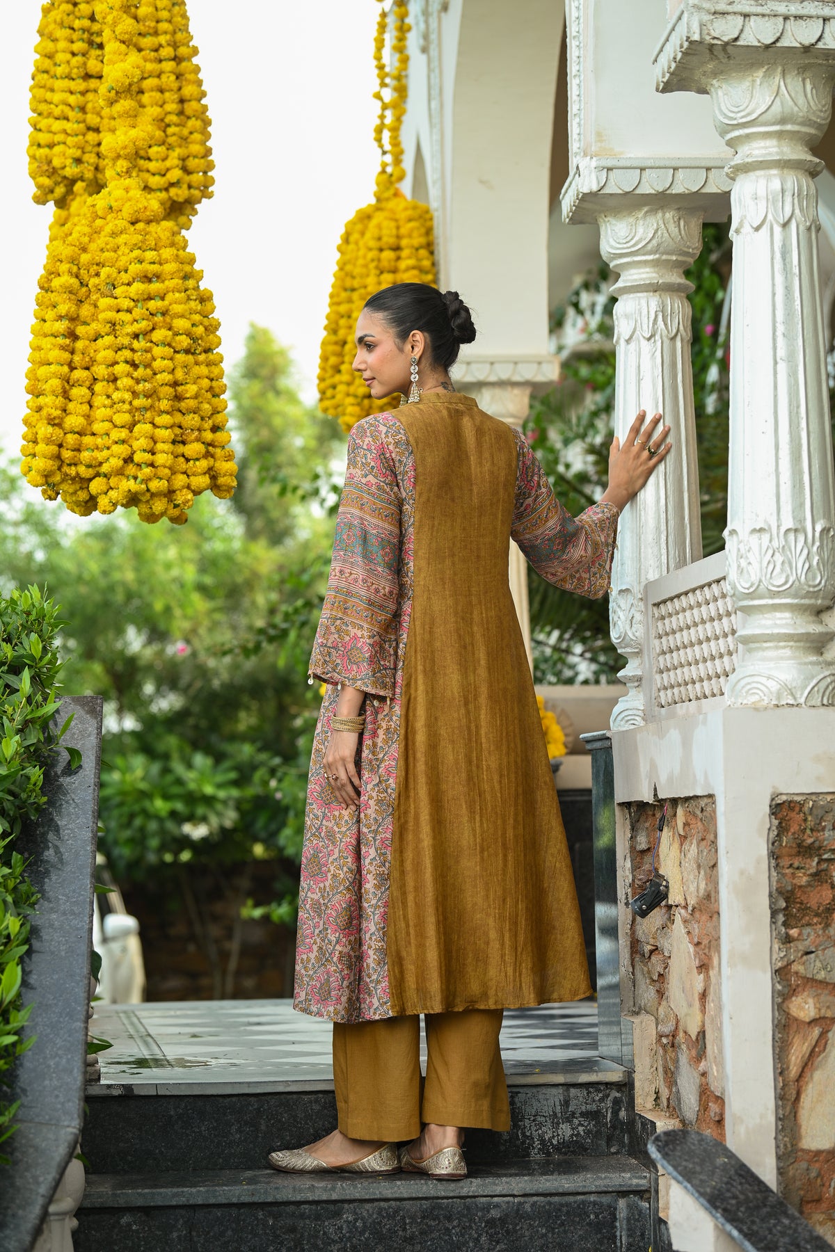 Mustard Pure Mul Chanderi with Side Block Print Smokey Work A line Kurta Set