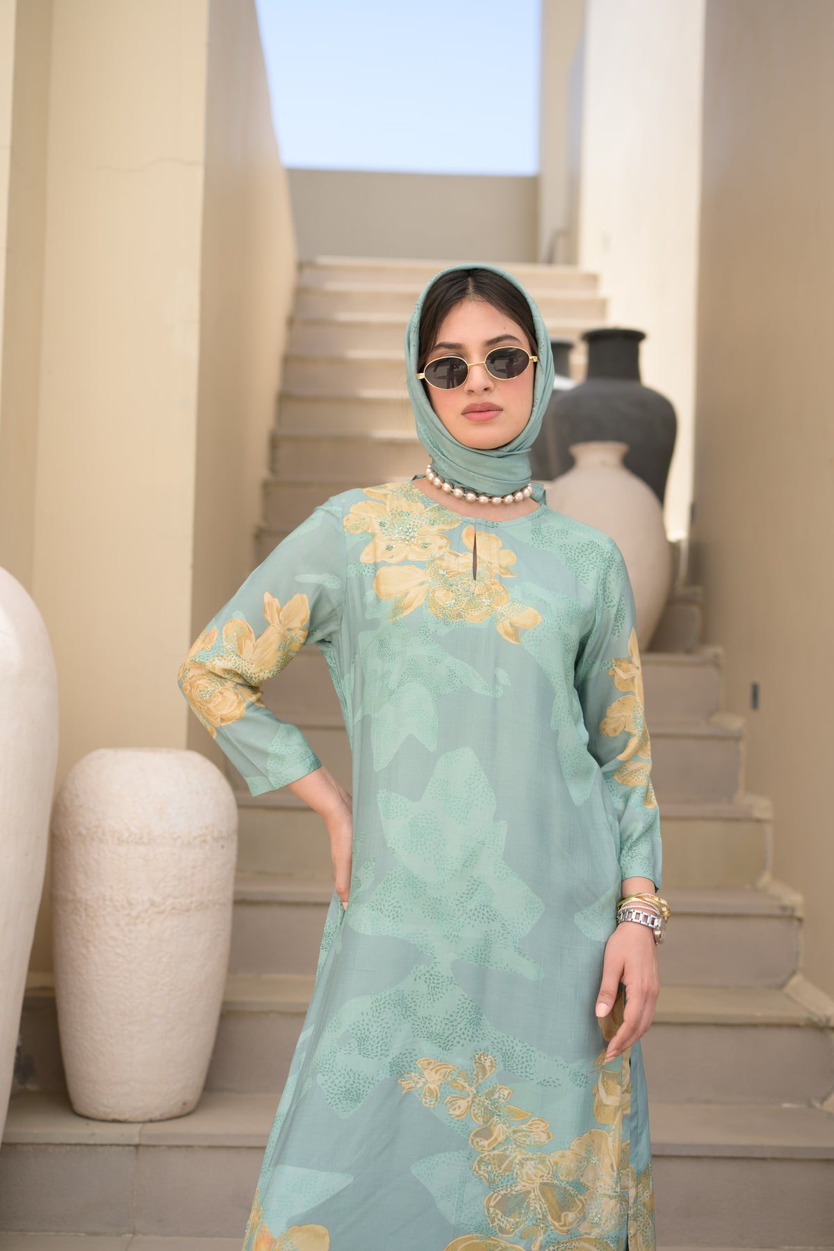 Seafoam Green Cut Work Scallope Muslin Kurta with Yellow Organza Border Embroidered Scallope Pant Set